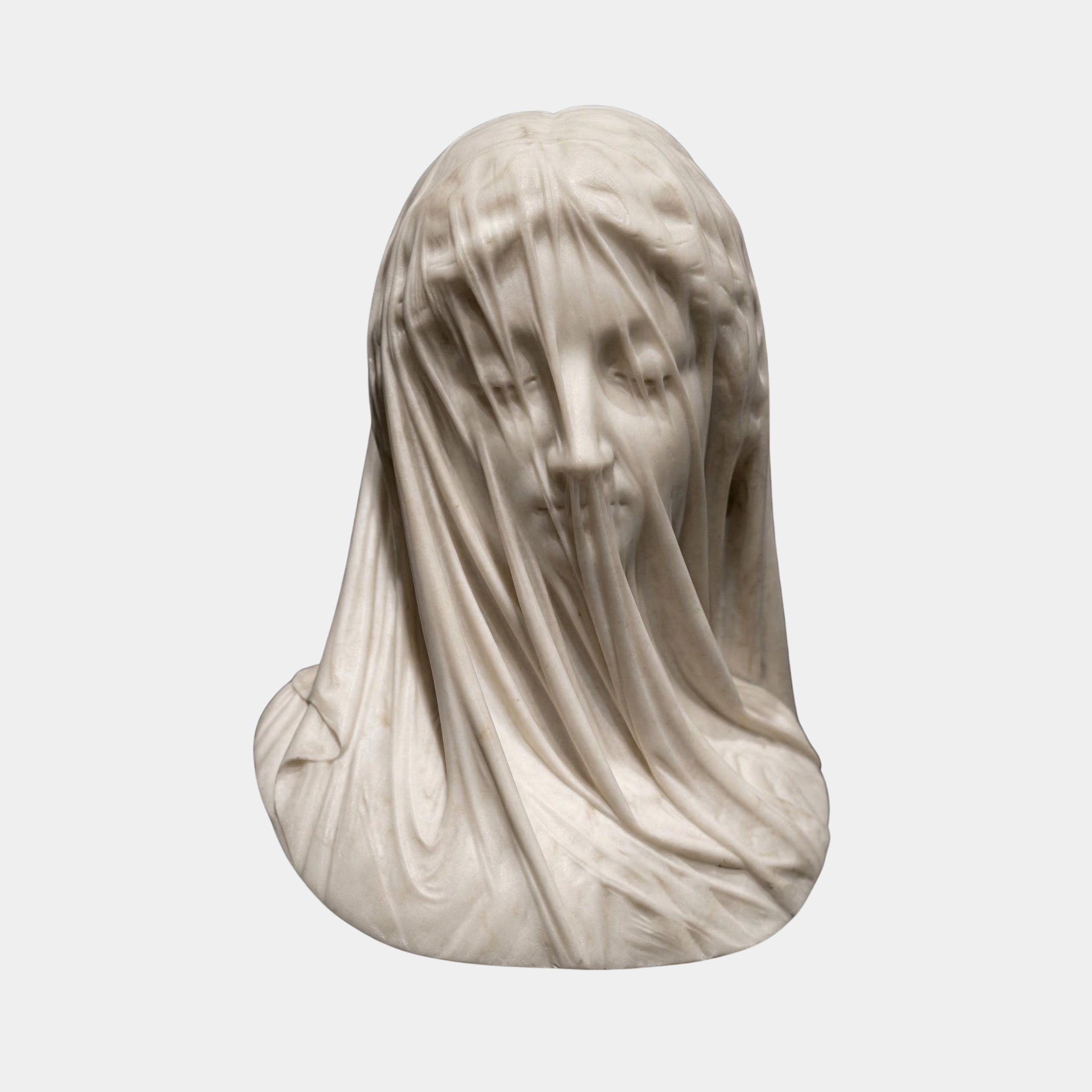 The Canova's Veiled Woman Marble Bust Sculpture by Giant Sculptures (55cm) masterfully portrays delicate fabric over a woman's features, highlighting exquisite marble craftsmanship.