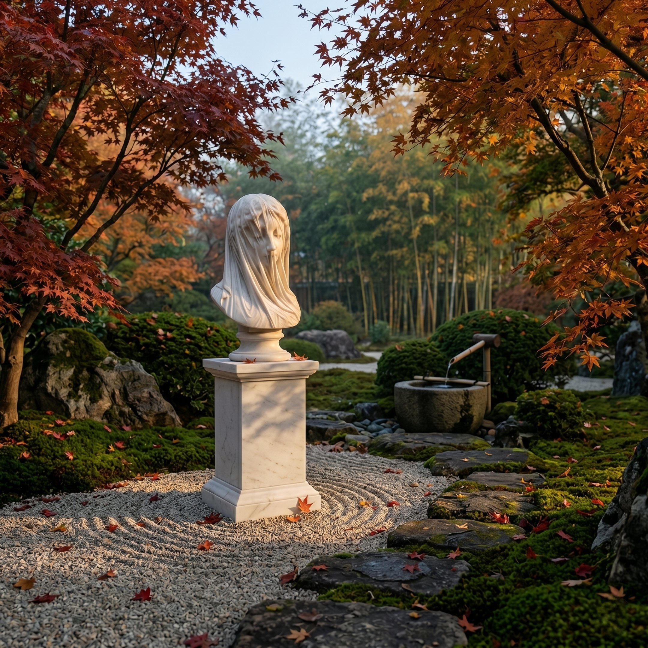 Giant Sculptures' Canova's Veiled Woman Marble Bust Sculpture (55cm) stands on a pedestal in a tranquil garden with autumn trees, stone paths, moss, and a stone water basin; circular patterns are raked into the ground around the marble bust.