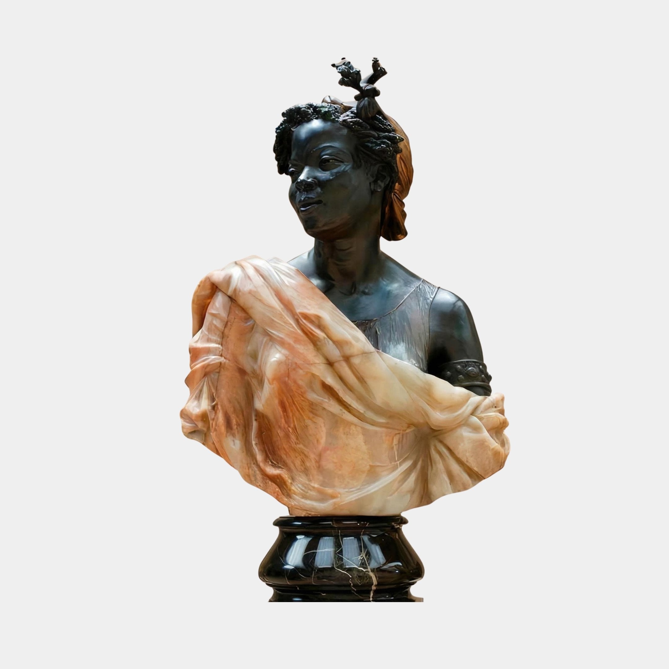 African Female Marble Bust Sculpture – 80cm by Giant Sculptures, featuring a dark polished stone portrait with regal crown detail and warm terracotta-toned marble drapery on an elegant dark base, shown against a plain light background.