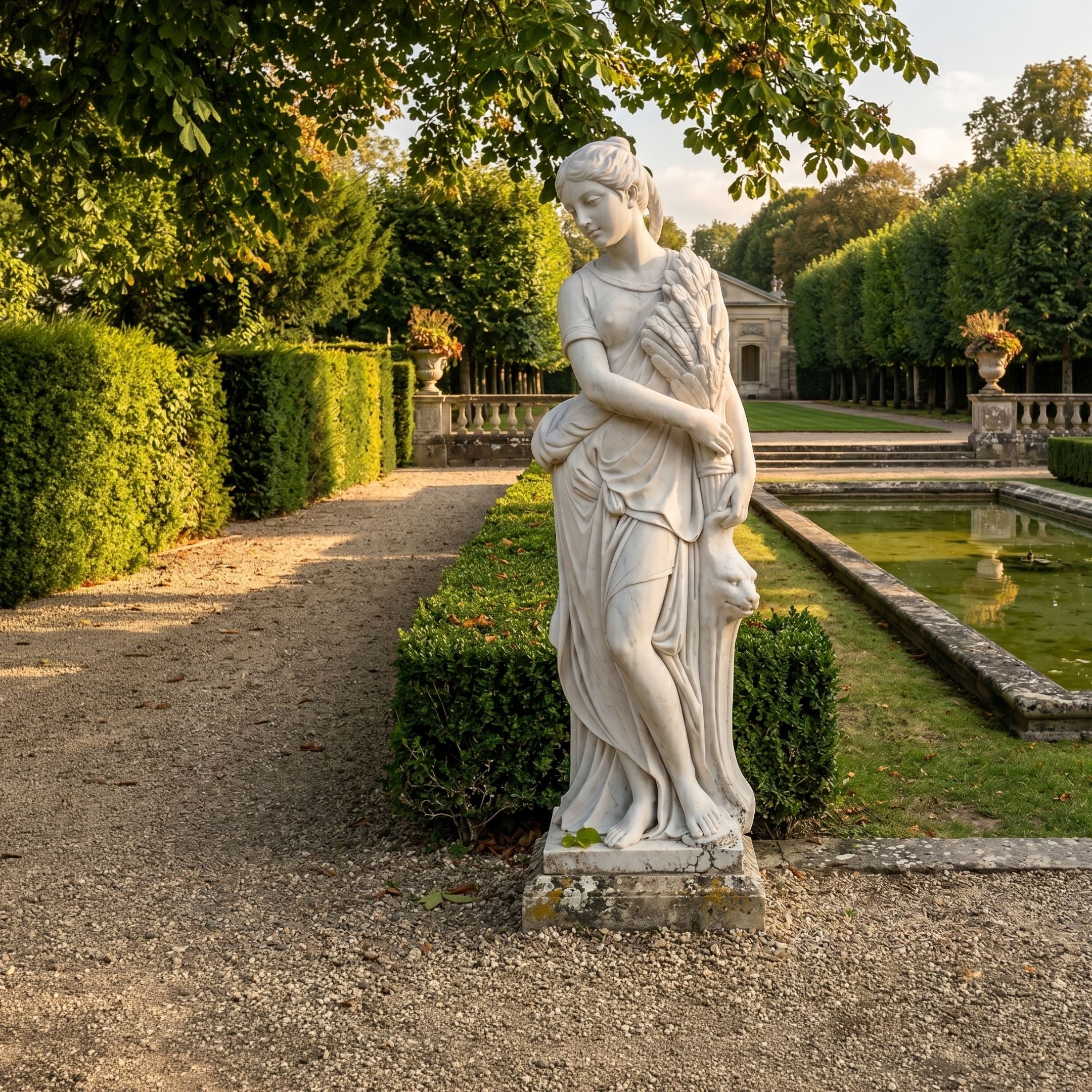 Goddess of the Harvest 180cm white marble sculpture by Giant Sculptures, holding wheat with lion head detail, on a plinth beside a formal garden pond.