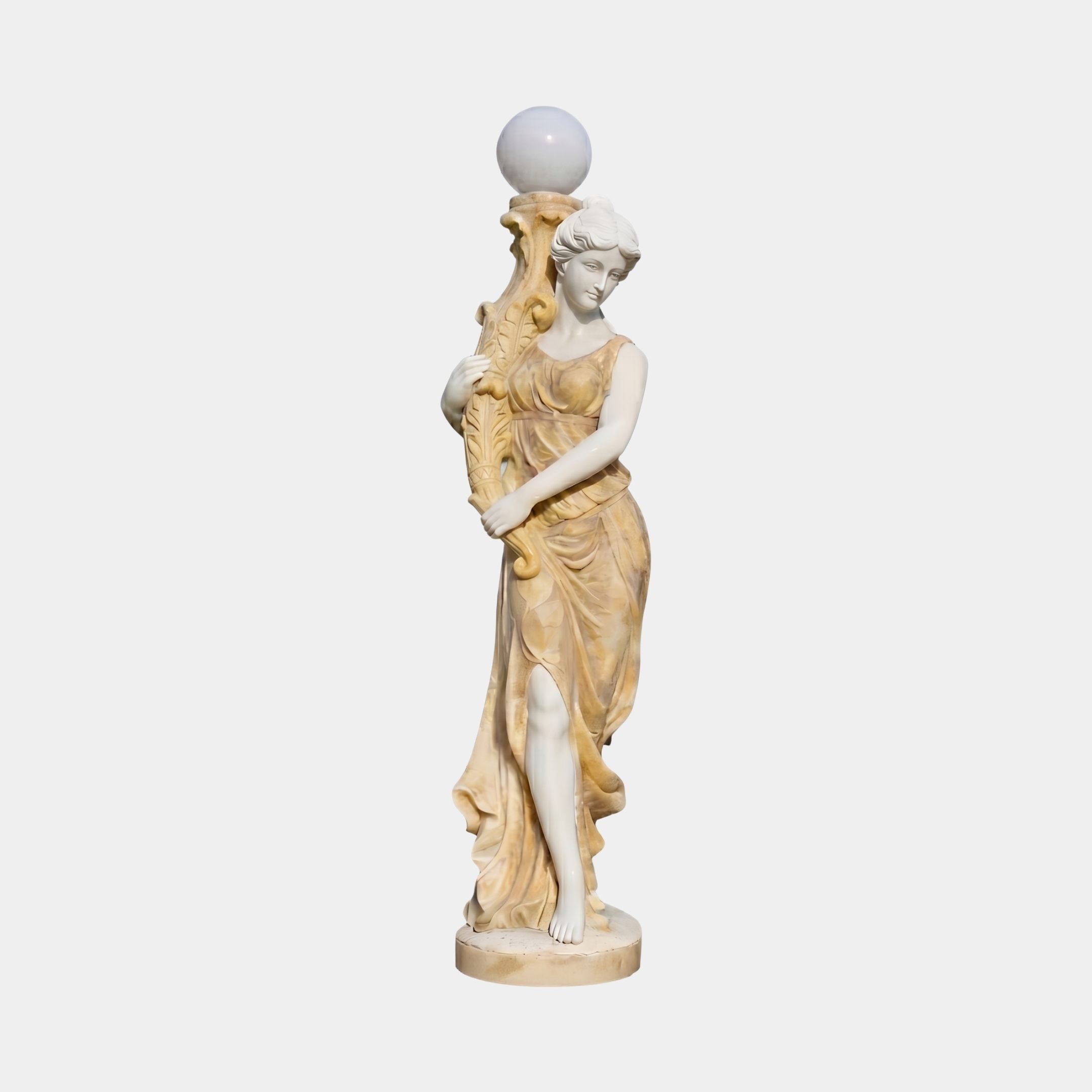 Giant Sculptures' 180cm Classical Woman Lamp Marble Sculpture in honey and cream tones, depicting a draped figure beside an acanthus column topped with a frosted globe.