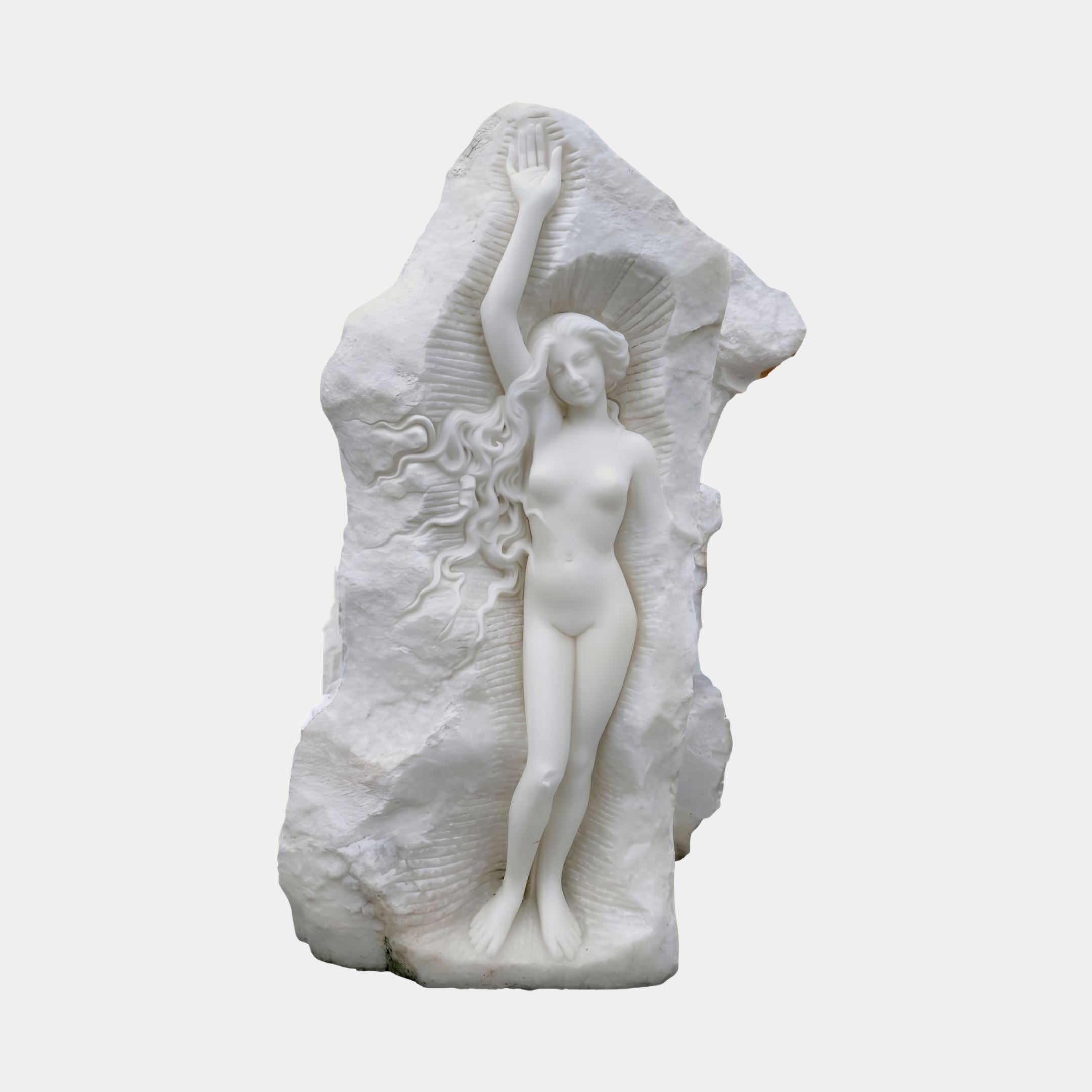 Classical Female Figure Marble Sculpture 120cm by Giant Sculptures, a nude woman with flowing hair raising one arm, carved into rough-hewn white marble.