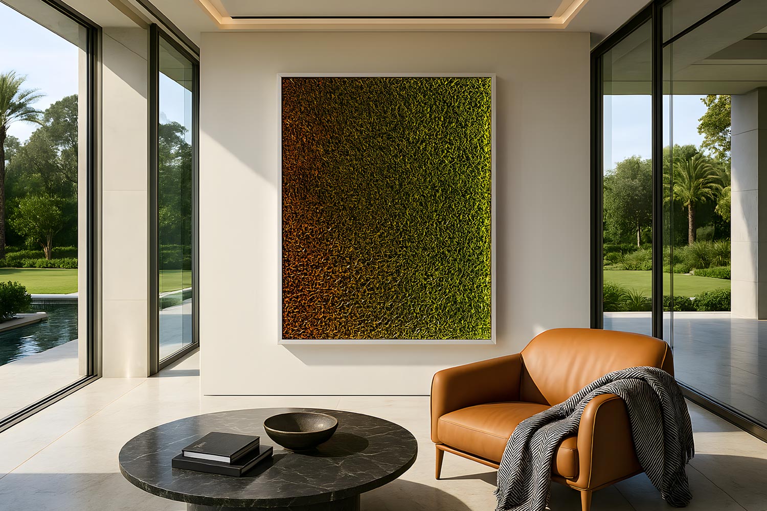A modern living room with floor-to-ceiling windows, a tan leather chair, a black round coffee table with books and a bowl, and a large green and brown moss wall art. Lush garden and pool visible outside.