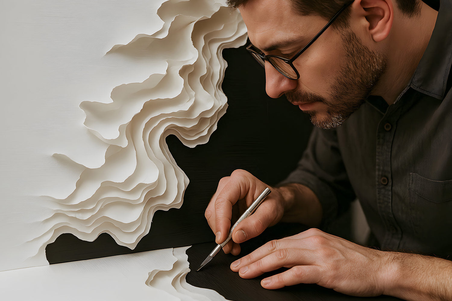 A man wearing glasses carefully cuts layered white paper with a craft knife, creating an intricate, sculptural design against a black background.