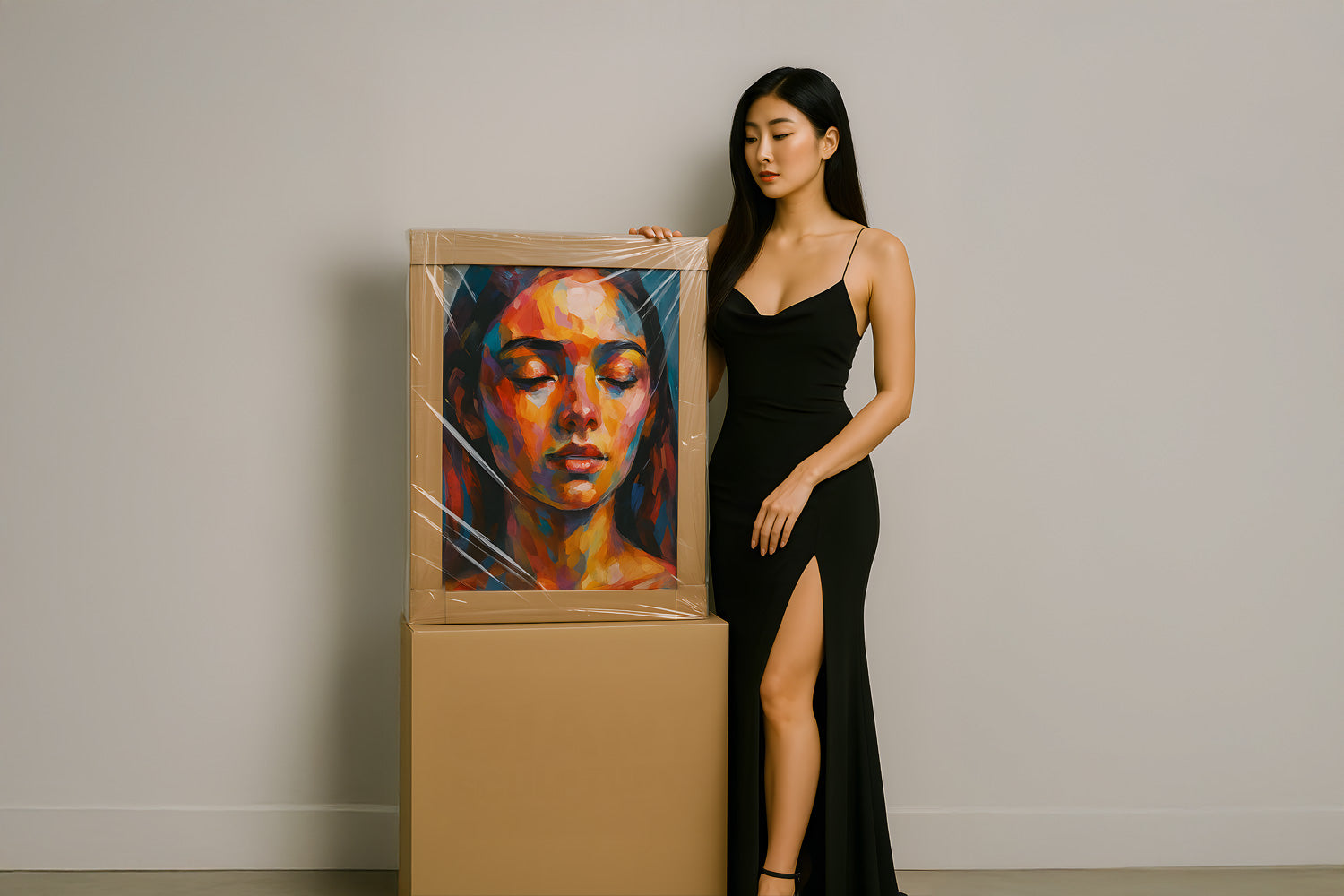 A woman in a black dress stands beside a wrapped, colorful portrait painting of a serene face on a cardboard box. The setting is minimal, with a neutral wall and floor.