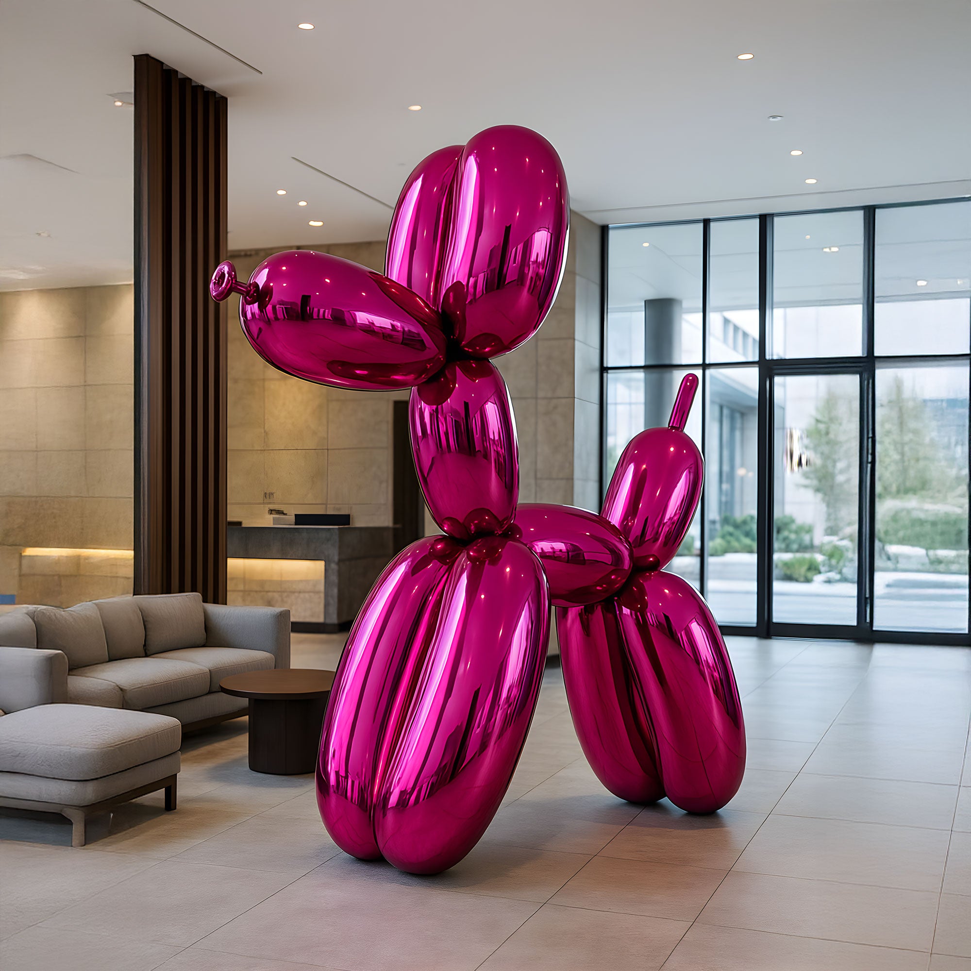 A large, shiny Flamingo Pink Balloon Dog Sculpture - 240cm by Giant Sculptures is showcased in a modern lobby featuring contemporary design with neutral furniture and large windows.