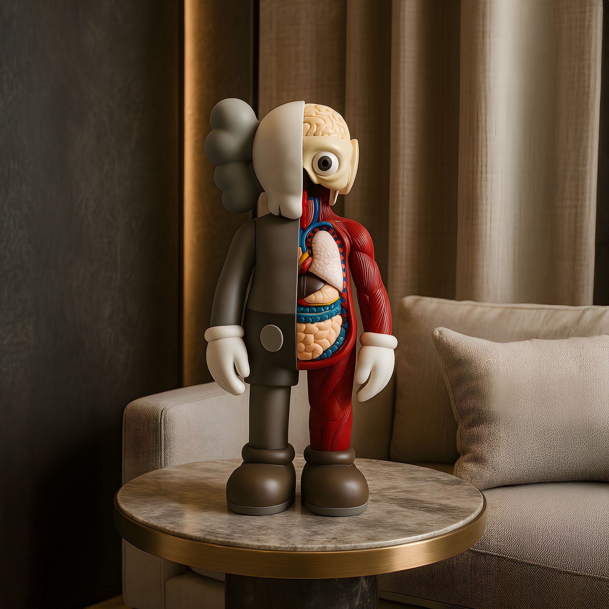 The Giant Sculptures Hazelnut Brown Iconify Anatomy Figure - 28cm, featuring a stylized split-view design with a gray cartoonish left side and anatomically precise right side, is ideal for contemporary decor. It stands elegantly against a beige sofa with draped curtains.