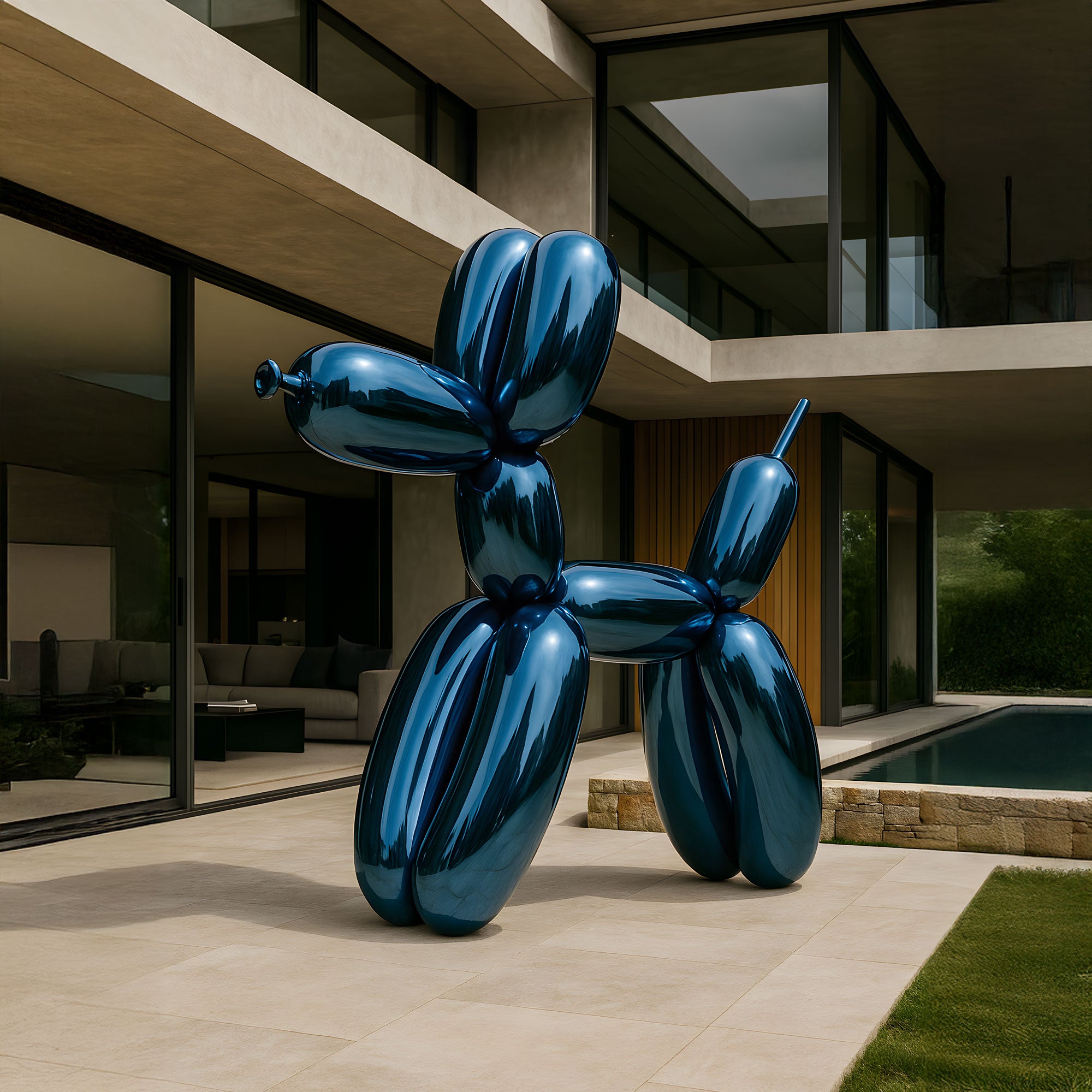 A 200cm Sapphire Blue Balloon Dog Sculpture from Giant Sculptures adorns a patio before a modern glass-walled house, overlooking a pool and lush greenery, embodying the essence of contemporary art.