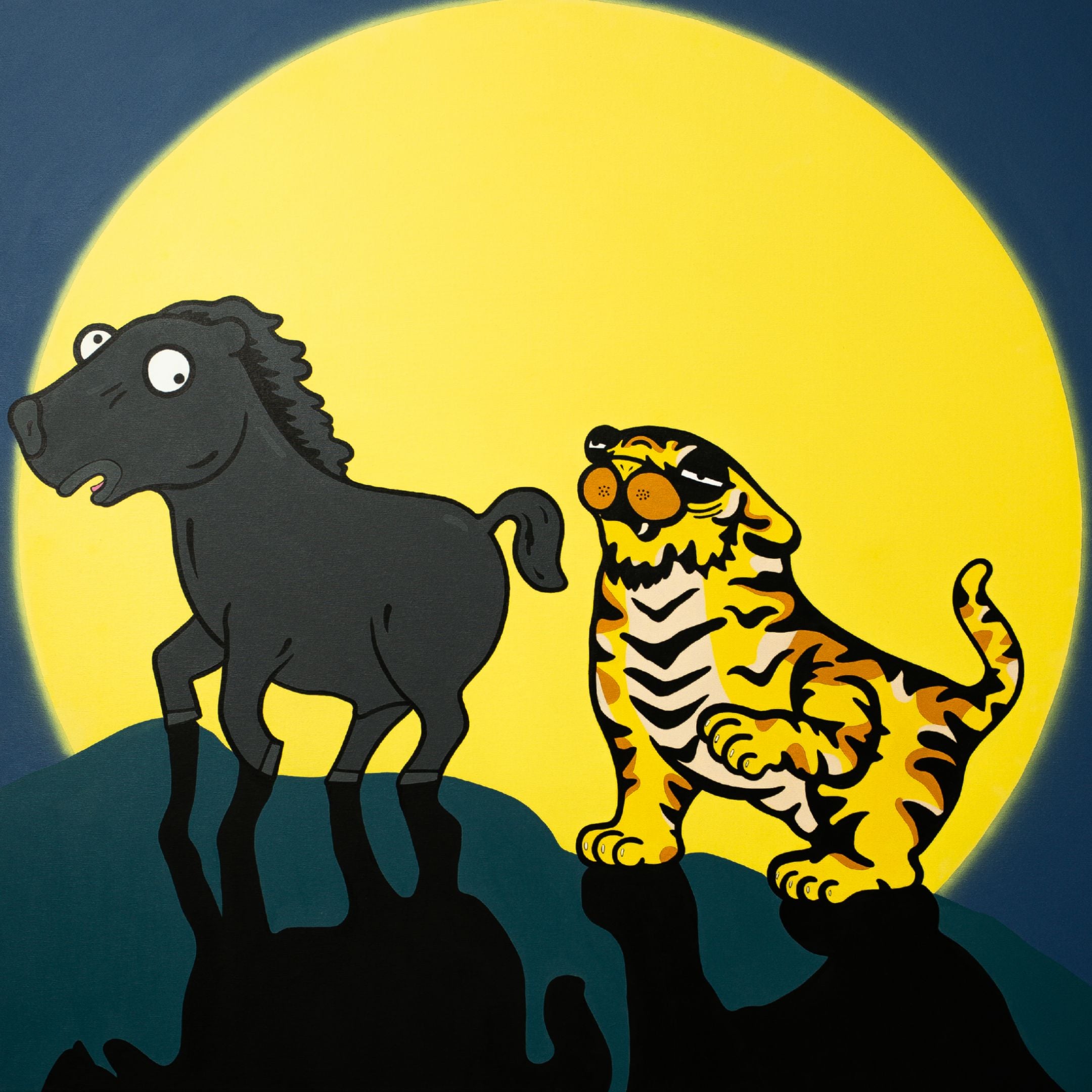 The Moonlight Friends Pop Art Canvas Painting by Giant Sculptures showcases a stylized black horse and yellow tiger with exaggerated features, standing against a large yellow moon, their shadows cast below them in the nocturnal landscape atop a hill.