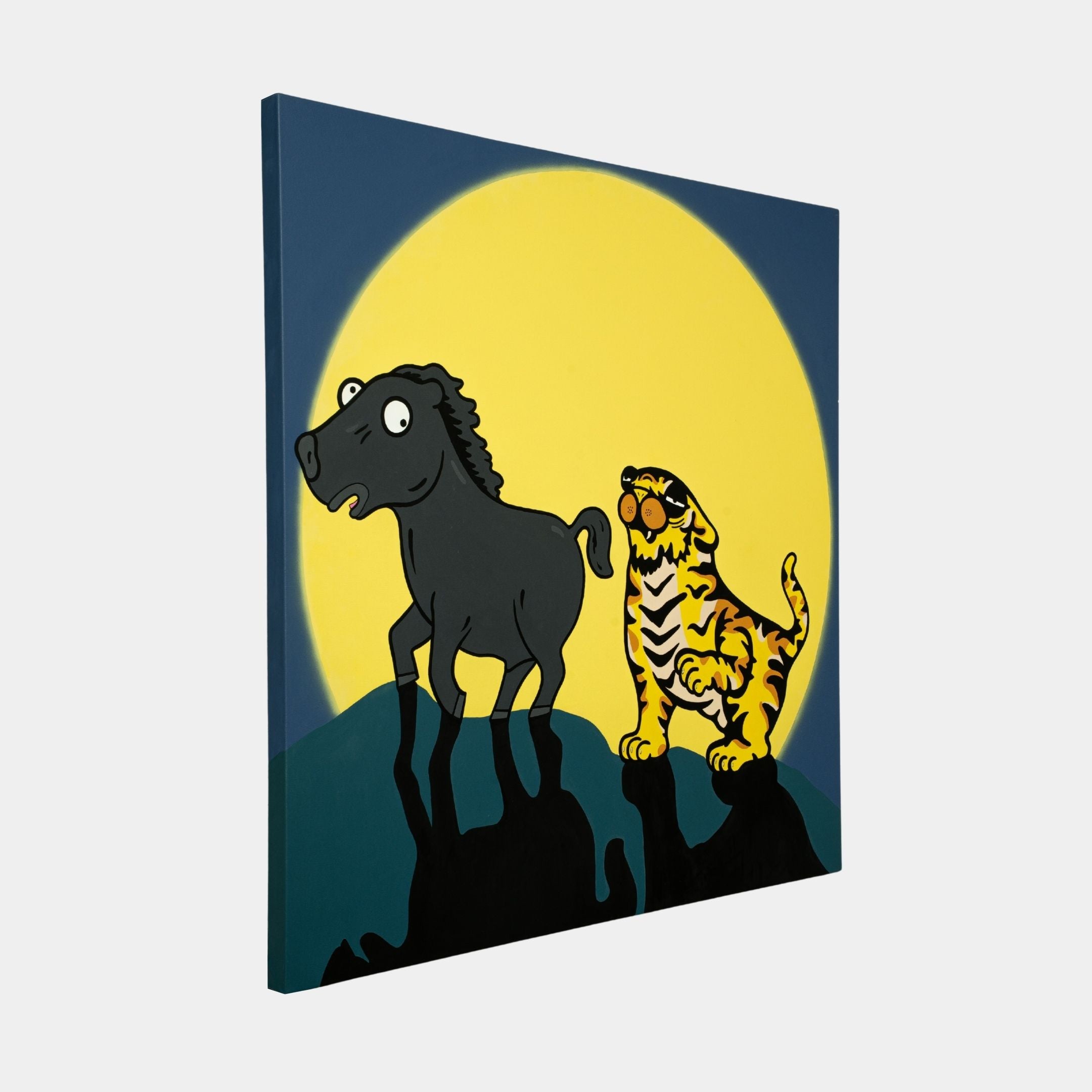 The Moonlight Friends Pop Art Canvas Painting by Giant Sculptures shows a surprised horse and a calm tiger on a hilltop. Their shadows dance against a bright yellow moon, adding whimsy and charm to any space with this vibrant portrayal.