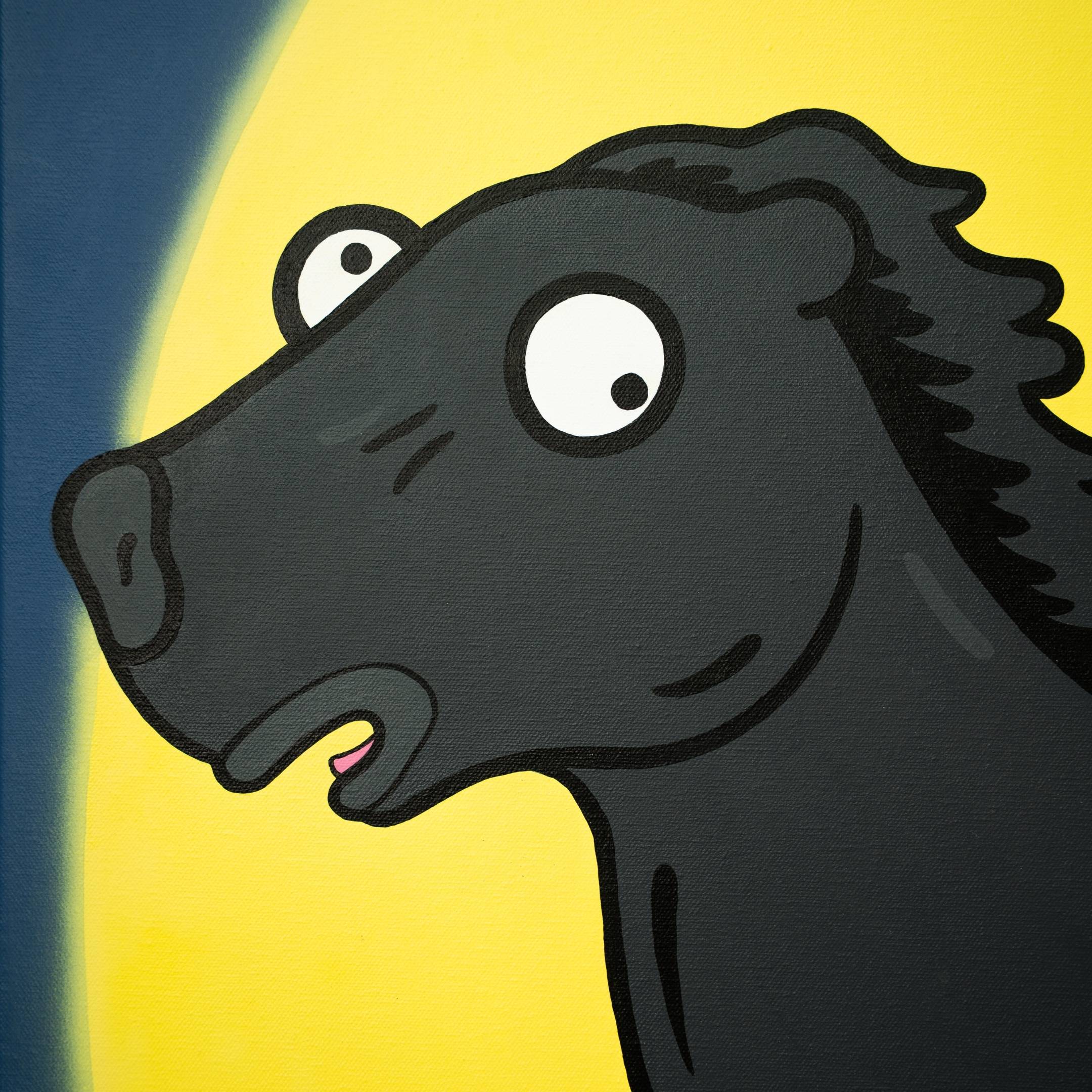 The Moonlight Friends Pop Art Canvas Painting by Giant Sculptures features a vibrant depiction of a black horse with wide eyes and an open mouth, evoking surprise. A bright yellow backdrop and a sliver of dark blue on the left add depth and electrifying energy to this artwork.