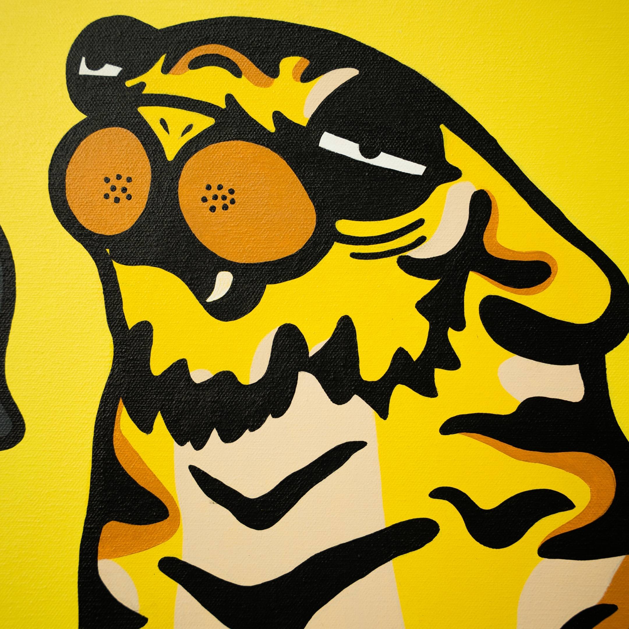 The Moonlight Friends Pop Art Canvas Painting by Giant Sculptures showcases a stylized tiger with large sunglasses on a vibrant yellow background, featuring bold black lines and a playful blend of orange, black, and cream tones.