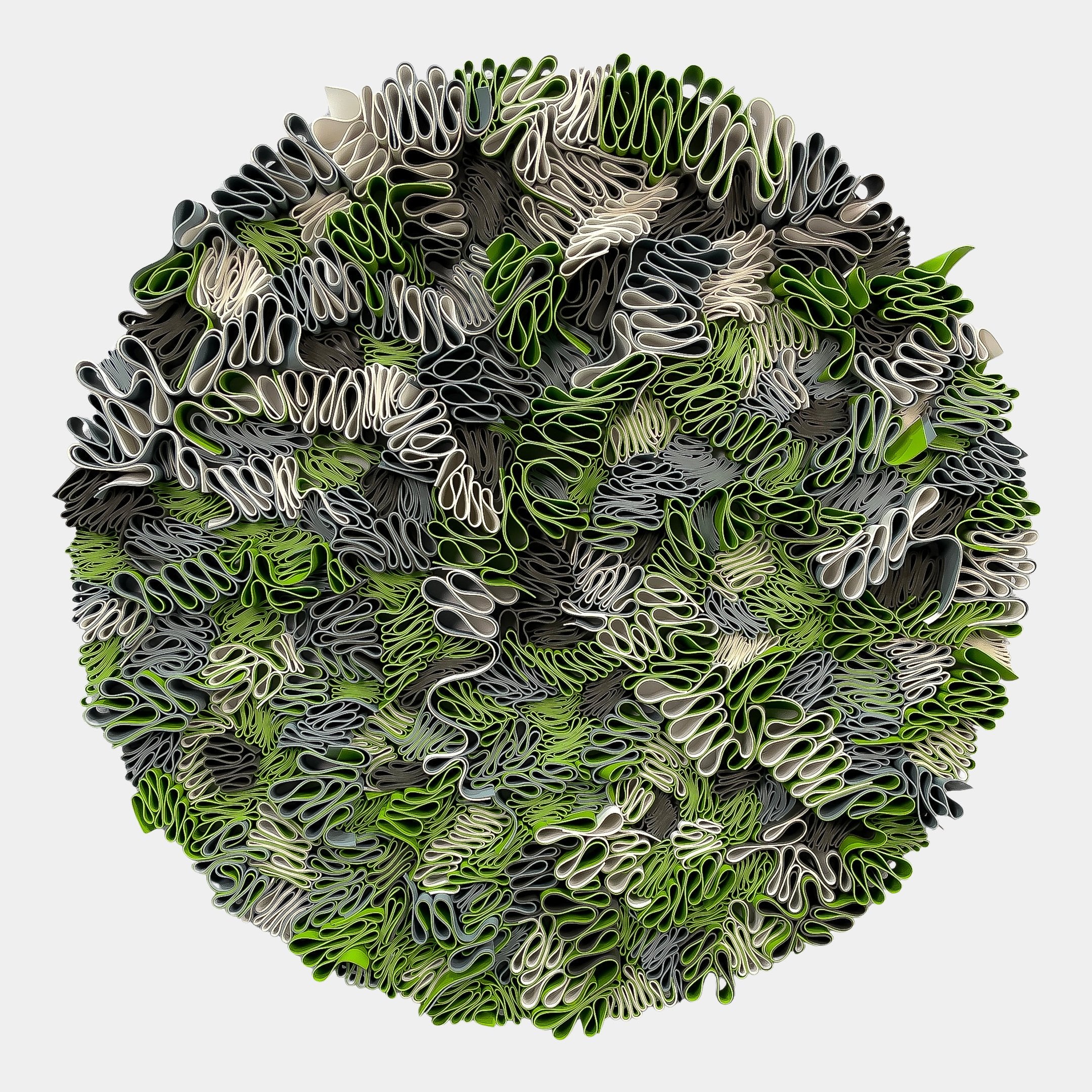 Rivora Green Ribbon Leather Circular 3D Wall Art by Giant Sculptures, dense cluster of wavy green, white, and grey leather ribbons on a plain light background.