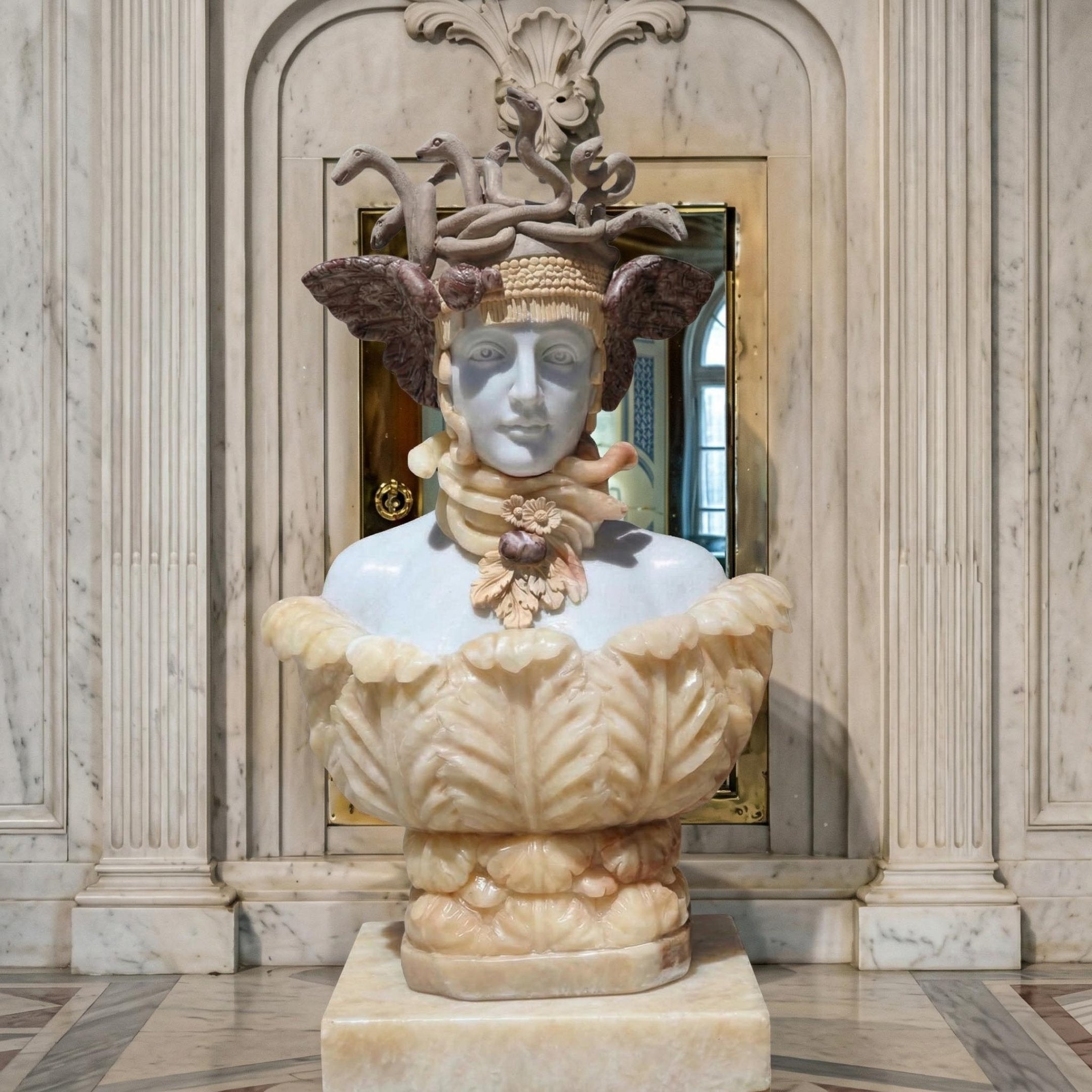 The Medusa Marble Bust Sculpture - 85cm by Giant Sculptures features a hand-carved female figure with an ornate floral headdress, set on a shell-like base and displayed against a decorative marble wall, showcasing classical elegance.