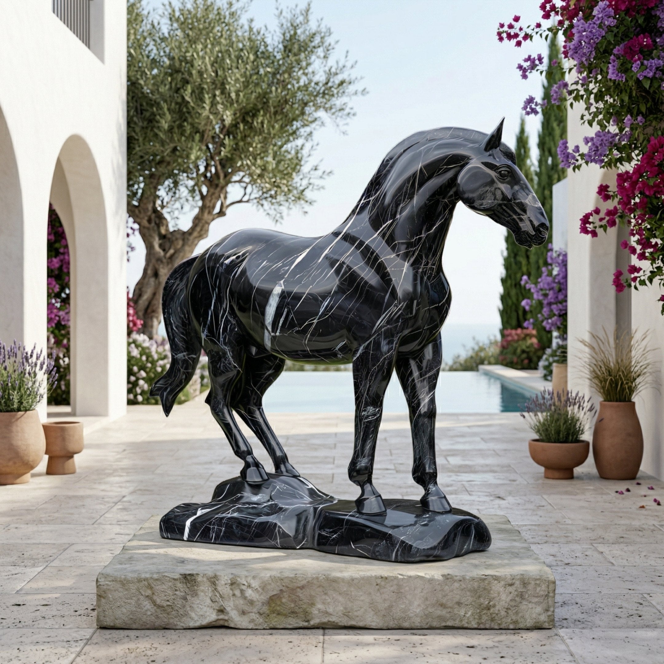 The Standing Horse Black Marble Outdoor Sculpture - 220cm by Giant Sculptures is a striking black marble horse with white streaks, set on a stone pedestal—an elegant garden centrepiece for sunlit courtyards or poolside spaces.