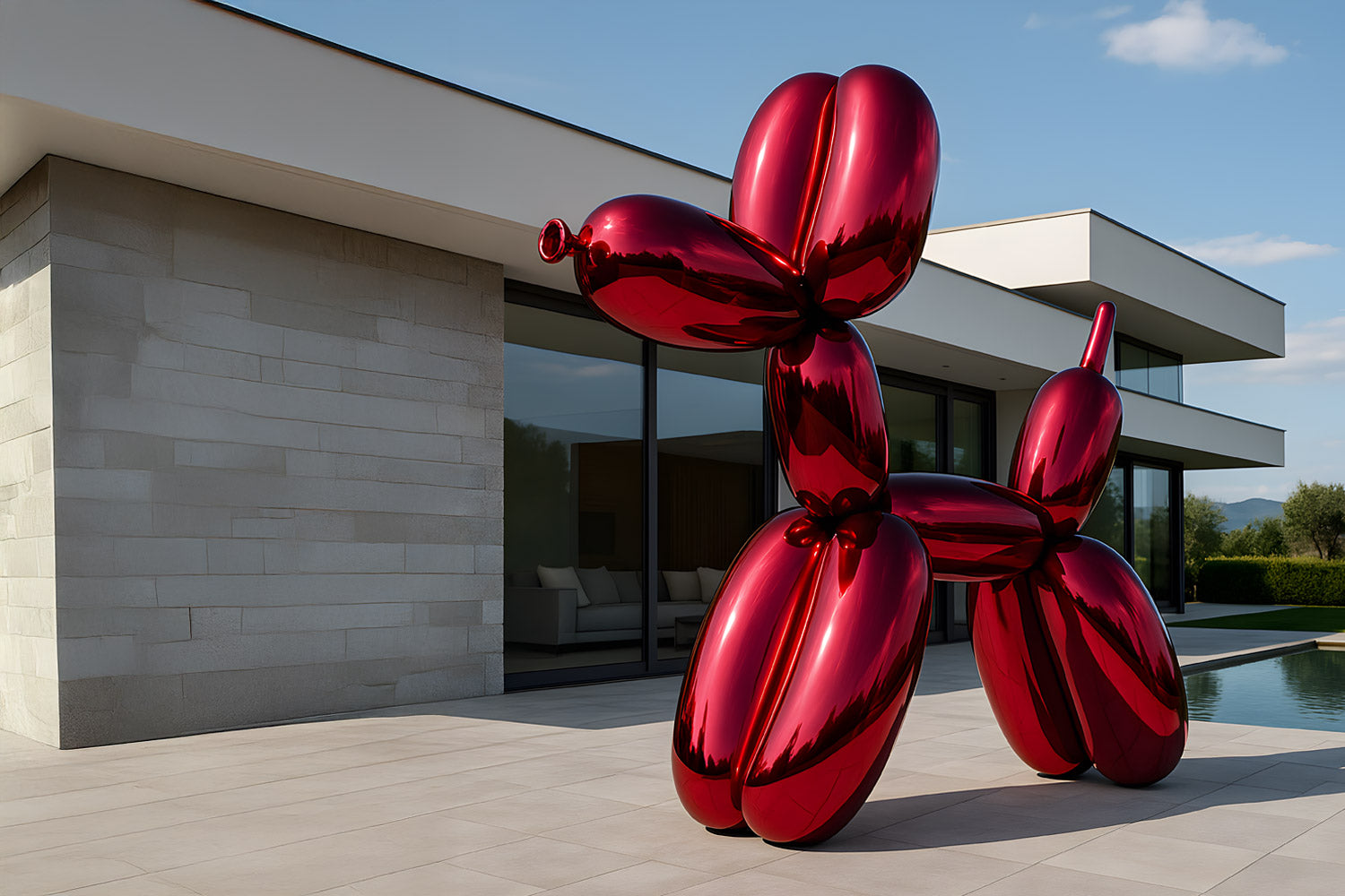 A large, shiny red balloon dog sculpture stands on a patio in front of a modern house with large glass windows. The sky is clear and blue, and the area is surrounded by greenery.
