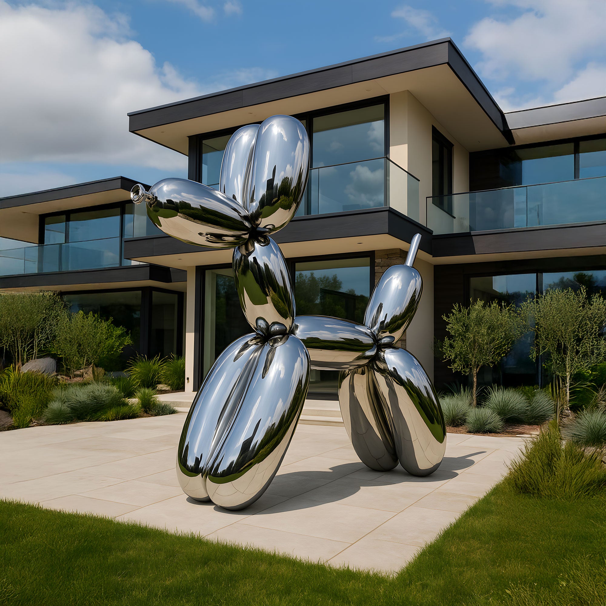 A 240cm Mystic Chrome Balloon Dog Sculpture by Giant Sculptures stands elegantly before a modern house with large windows and a lush garden, set against a partly cloudy sky that enhances its luxurious appeal.