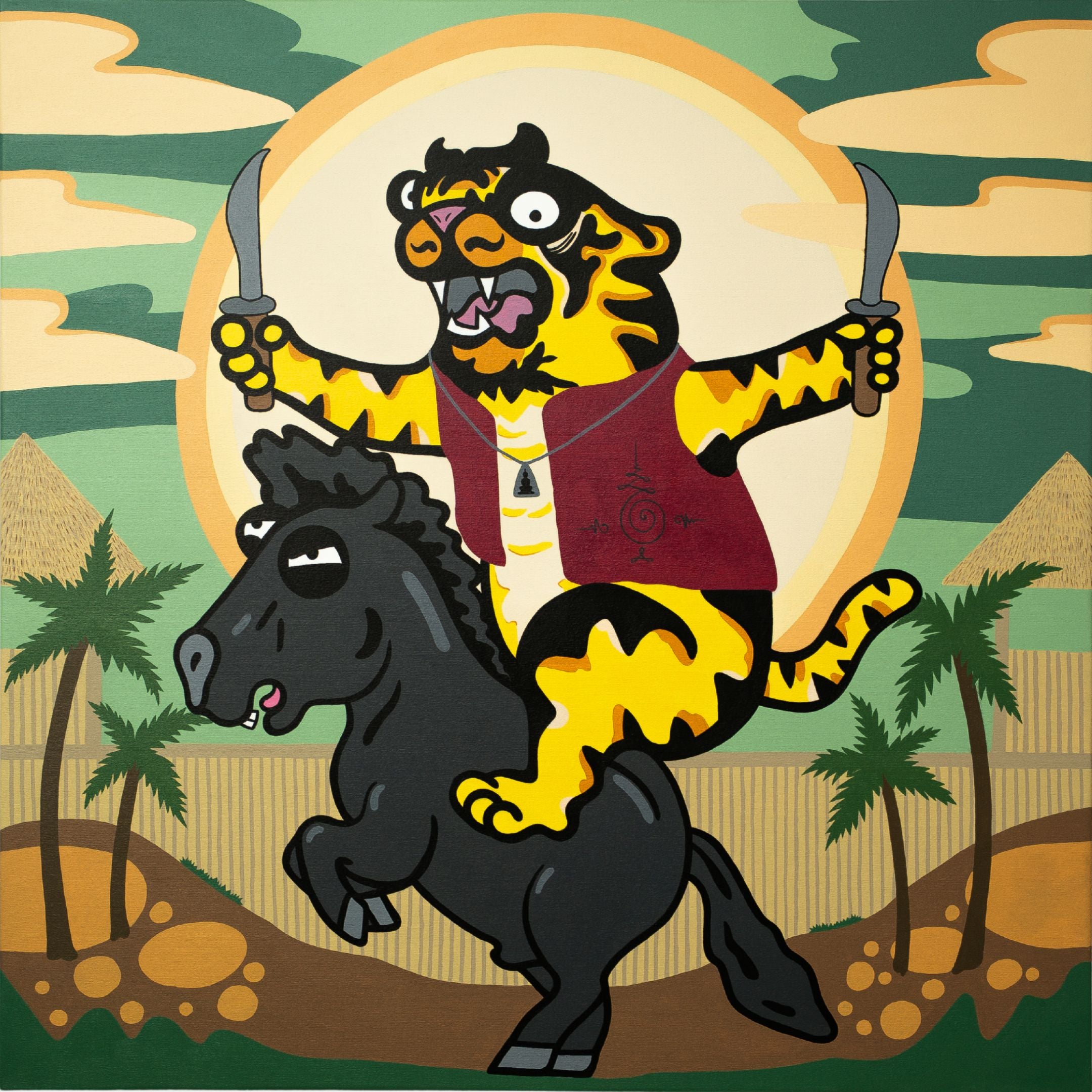 The Thai Warrior Tiger Pop Art Canvas Painting by Giant Sculptures features a whimsical tiger in a red vest wielding knives atop a black horse, set against palm trees, pyramids, and the sun, creating an adventurous desert scene.