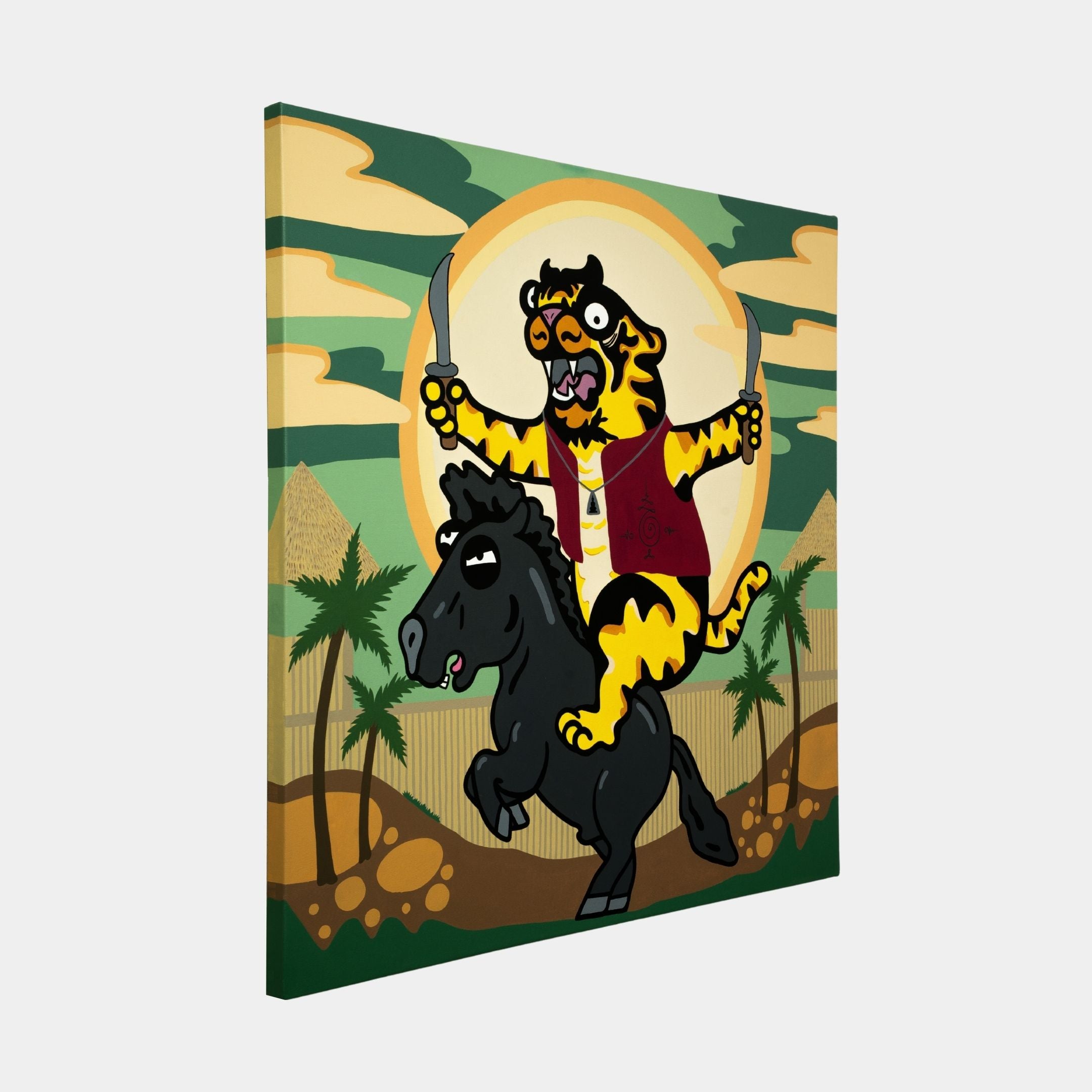 Giant Sculptures Thai Warrior Tiger Pop Art Canvas Painting features a cartoon tiger in sunglasses and a red shirt, wielding swords on a black horse against vibrant palm trees, mountains, and a bright sun with stylized clouds.