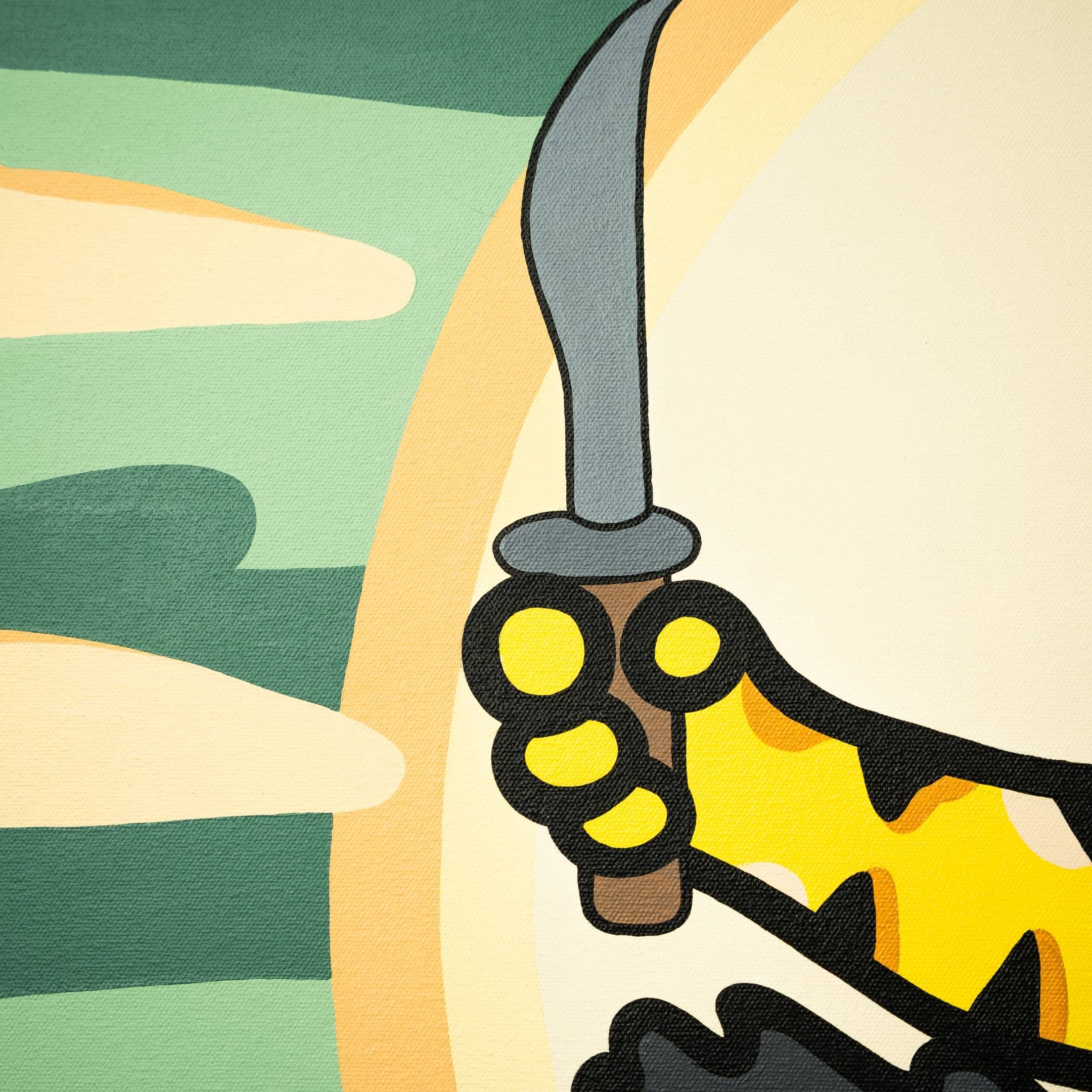 The Thai Warrior Tiger Pop Art Canvas Painting by Giant Sculptures features a stylized hand holding a large, wavy knife, adorned with yellow and black patterns on an energetic backdrop of green, beige, and off-white shapes.