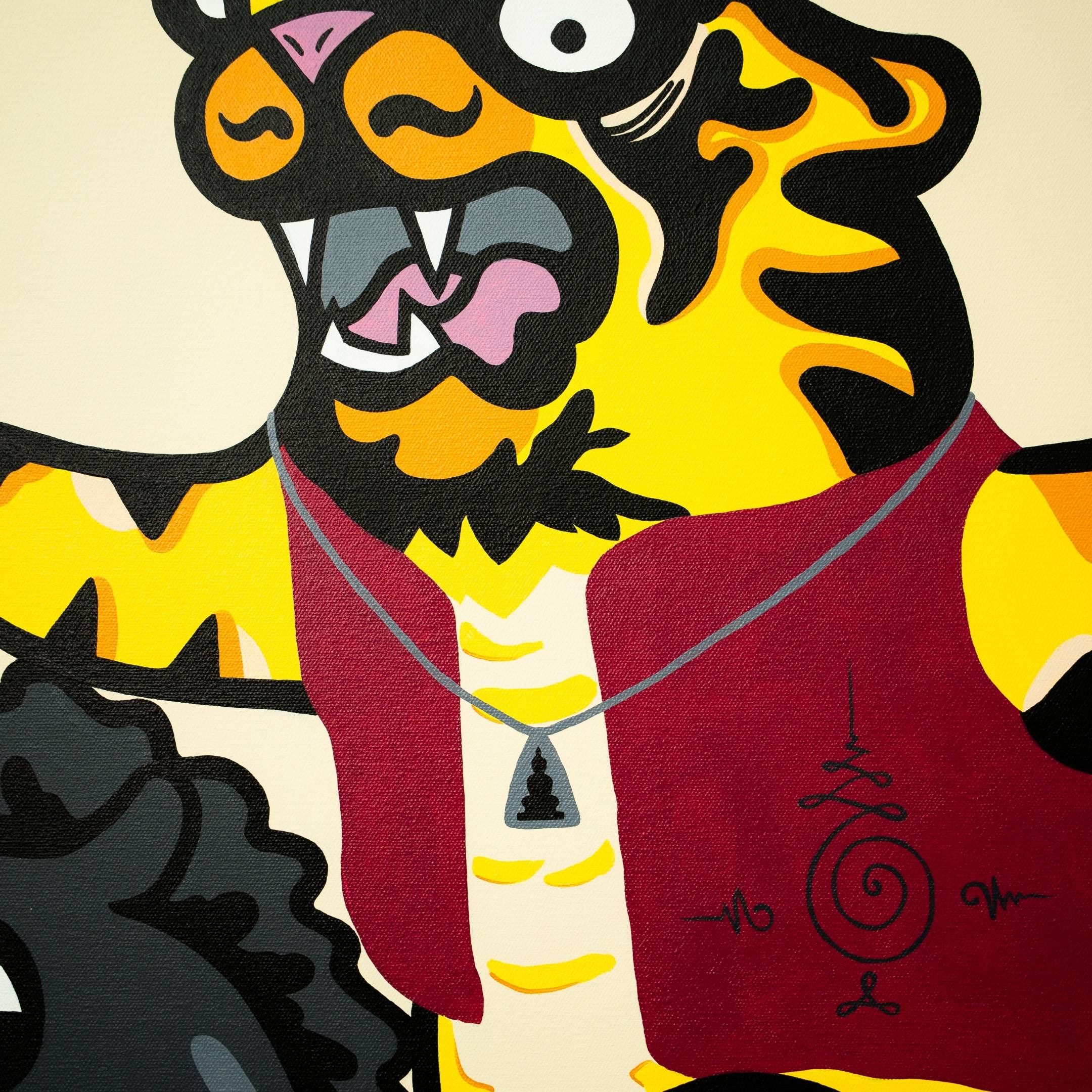 The Thai Warrior Tiger Pop Art Canvas Painting by Giant Sculptures features a cartoon tiger with wide eyes, an open mouth, a red vest, and a tree pendant necklace. The design includes an abstract chest tattoo exuding adventurous energy reminiscent of Thai Warrior Pop Art.