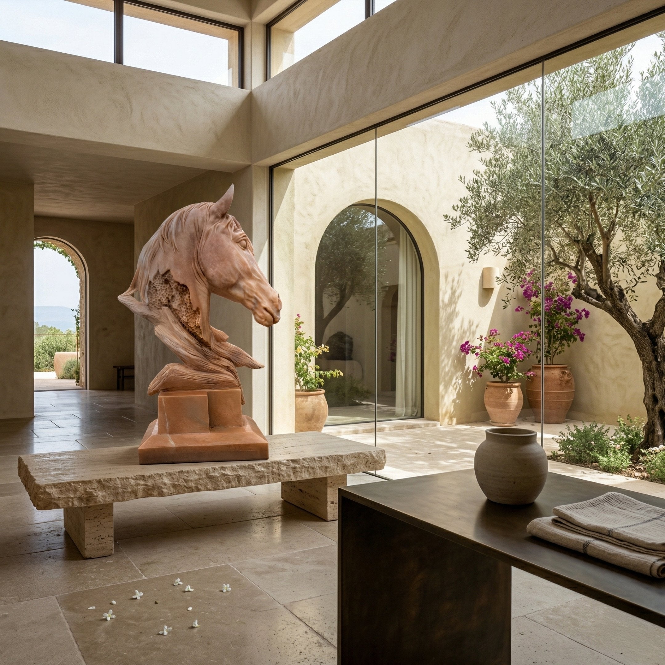 A sunlit modern Mediterranean room features the Honeycomb Horse Head Marble Outdoor Sculpture (100cm) by Giant Sculptures on a stone bench, with glass walls overlooking a courtyard of potted plants and minimalist neutral-toned decor.