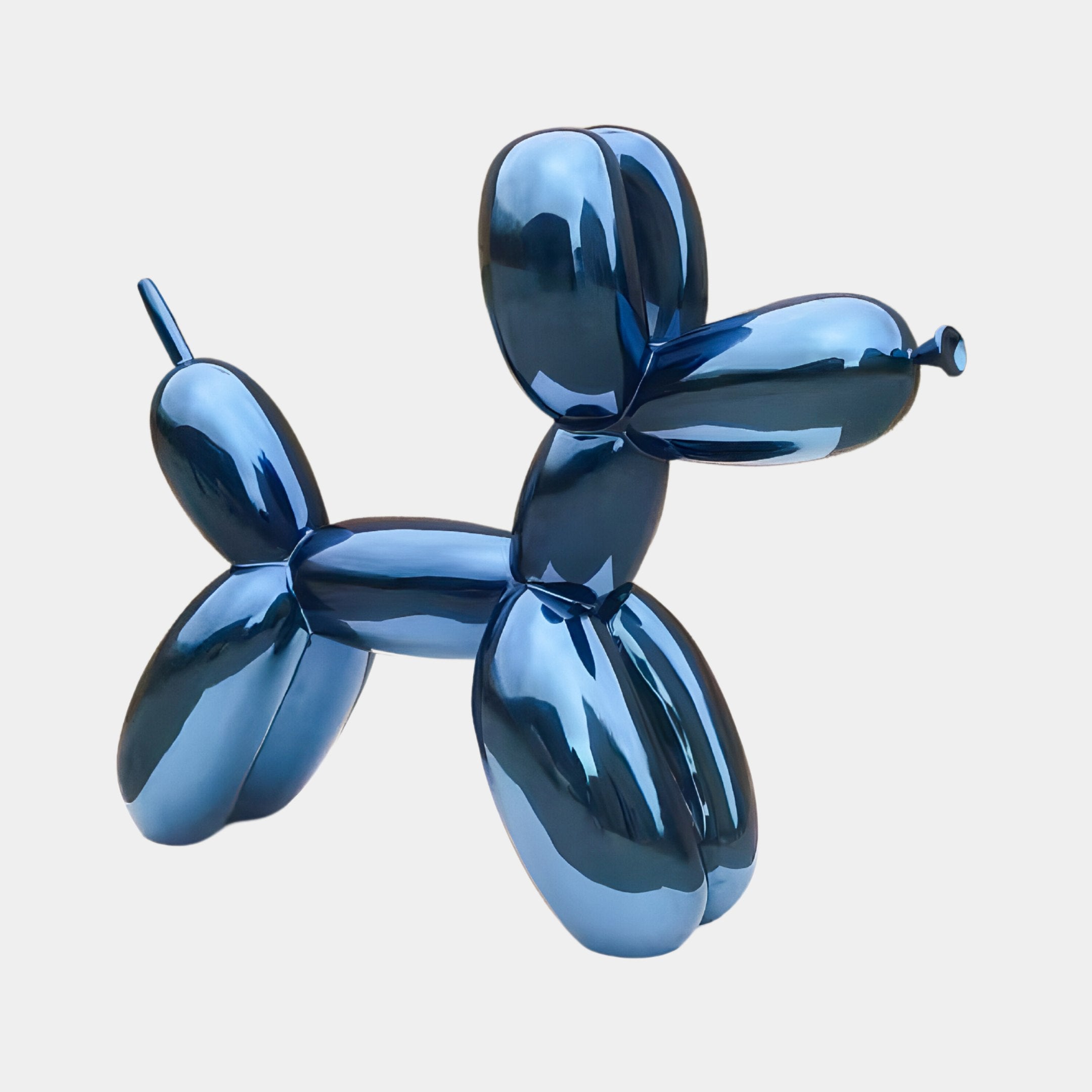 The 240cm Sapphire Blue Balloon Dog Sculpture by Giant Sculptures boasts a shiny, metallic surface against a white background, blending contemporary artistry with modern elegance through its playful form.