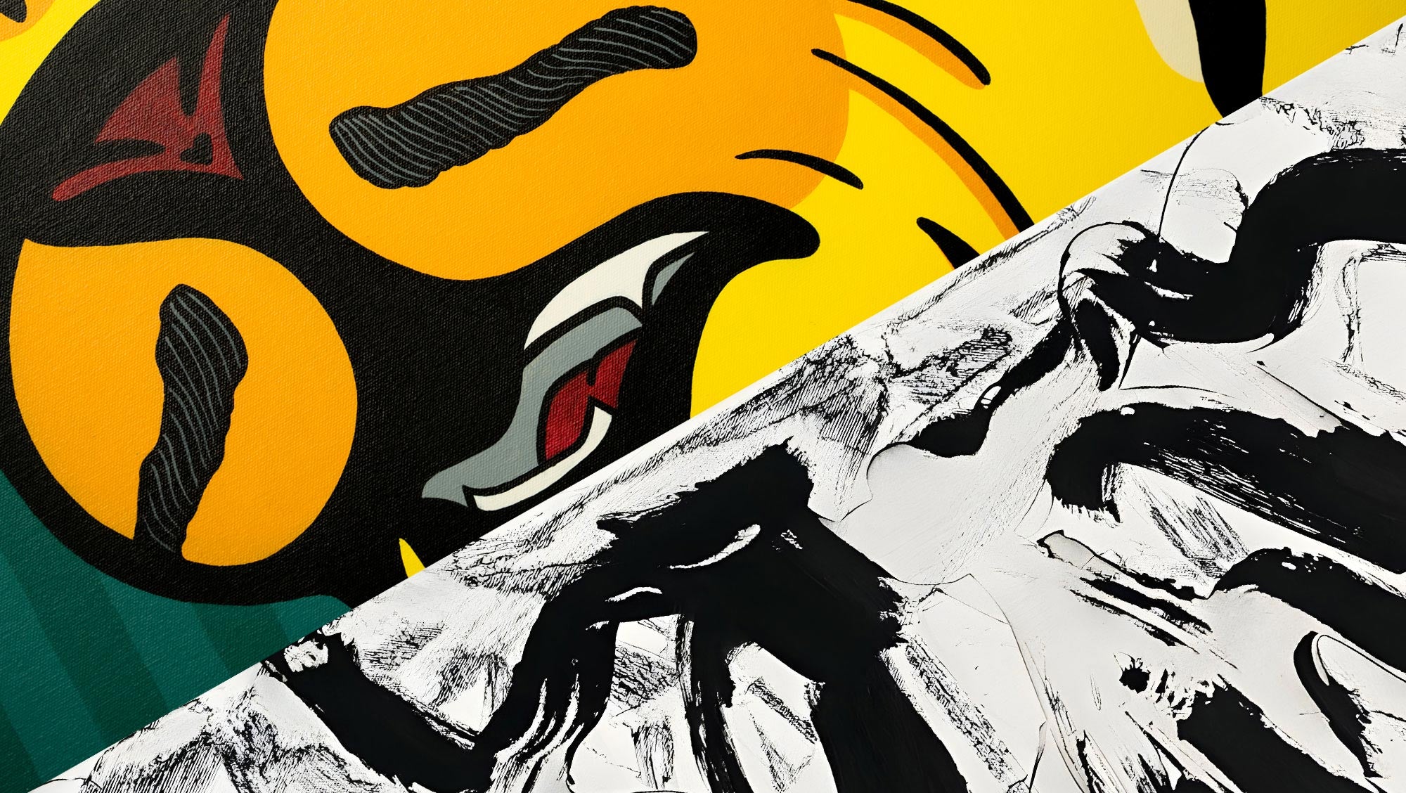Close-up of a vibrant, abstract artwork divided diagonally. The top section features bold yellow and black shapes with a pop art style, while the bottom section has dynamic black brushstrokes on a textured white background.