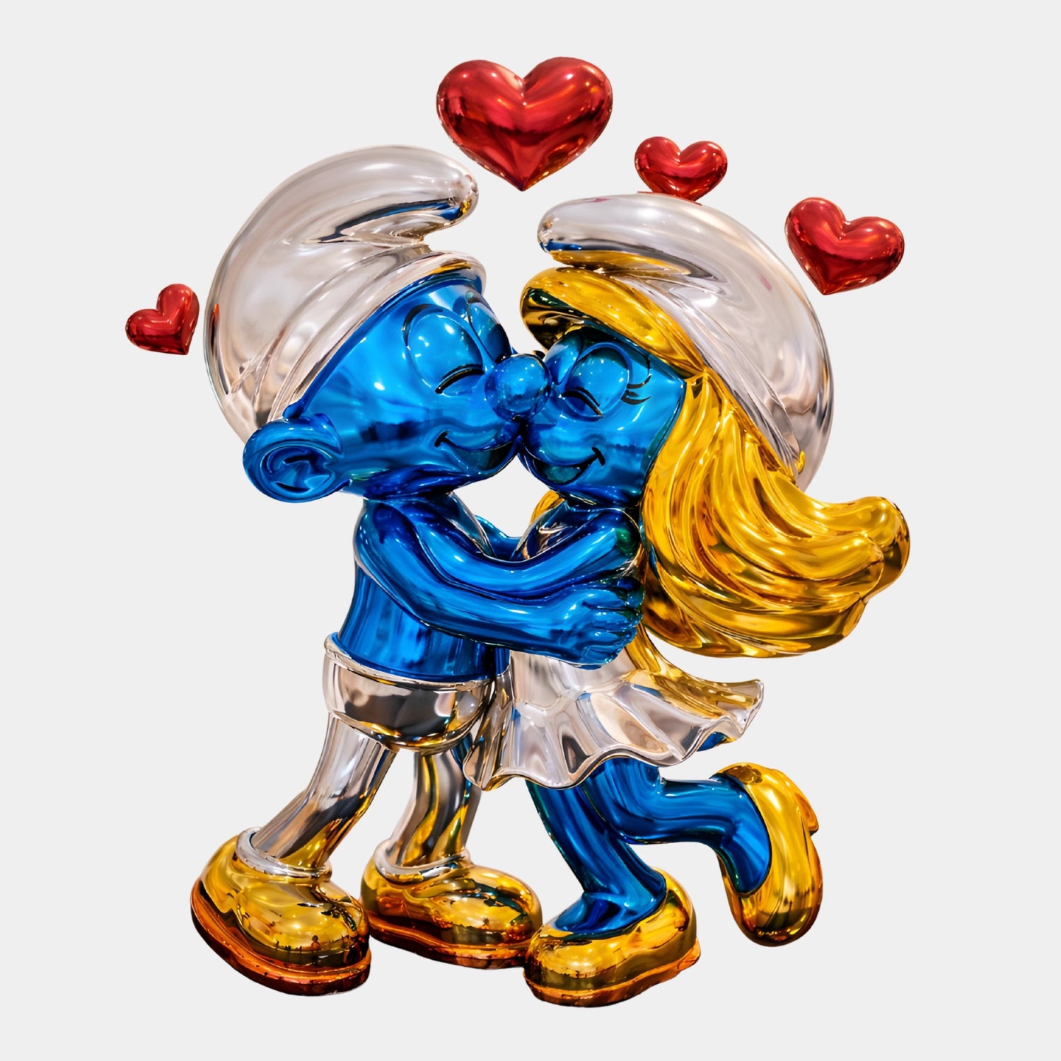 The Smurf Couple Kissing Love Statue - 60cm by Giant Sculptures features two glass-like Smurfs kissing and embracing amid red hearts, making a charming romantic gift or unique fiberglass collectible.