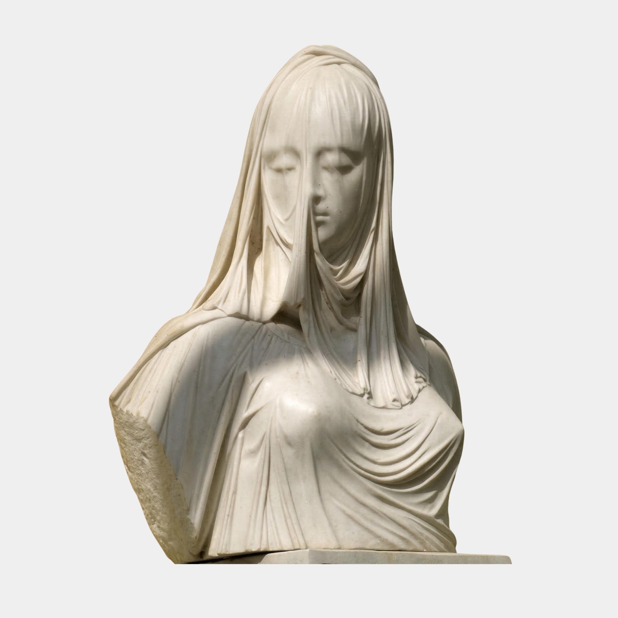 The Veiled Madonna Marble Bust Sculpture by Giant Sculptures stands 90cm tall, featuring a serene woman with delicate features and a finely sculpted, translucent-look veil. Crafted from white marble, part of the shoulder is unfinished or broken.