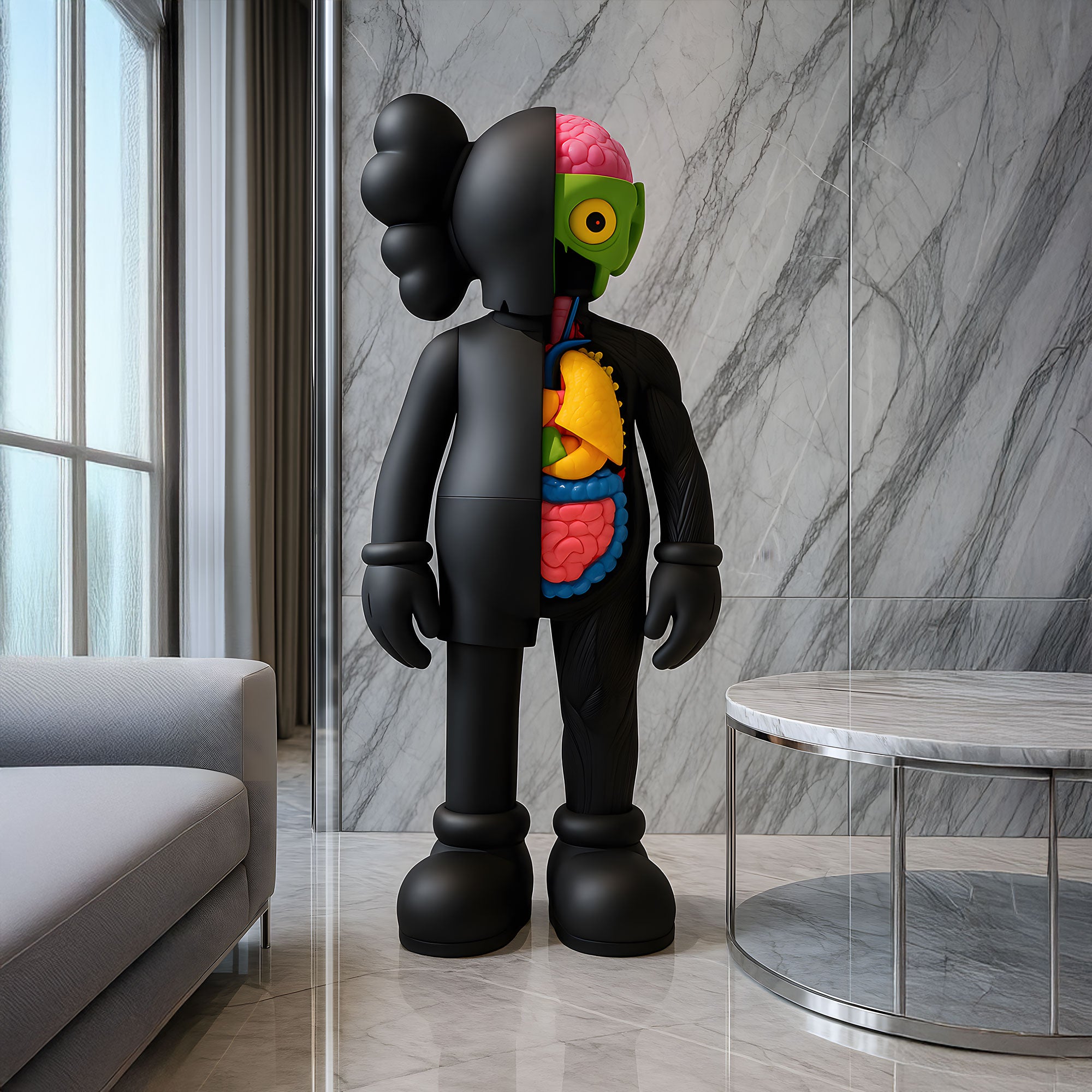 In a modern room, the Midnight Black Iconify Anatomy Sculpture by Giant Sculptures stands 187cm tall, glossy and split to reveal vibrant internal organs and brain. It complements the marble walls, round table, plush sofa, and expansive windows.