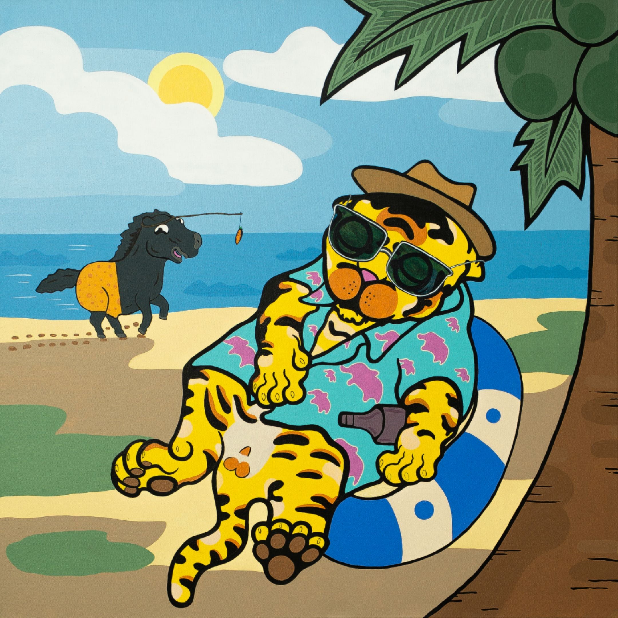 The Beach Friends Pop Art Canvas Painting by Giant Sculptures features a cartoon tiger in sunglasses and a Hawaiian shirt relaxing on an inflatable ring under a palm tree. Nearby, a horse in a swimsuit holds a mocktail, creating a lively coastal scene with sunny skies and ocean waves.