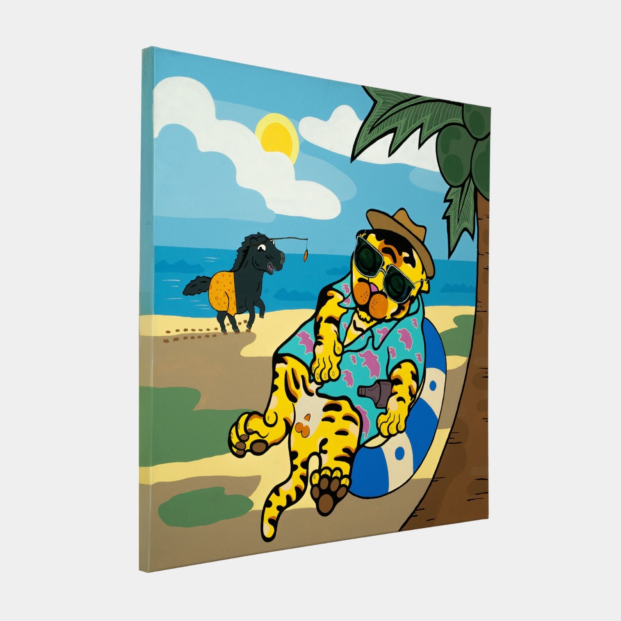 The Beach Friends Pop Art Canvas Painting by Giant Sculptures features a cartoon tiger relaxing in sunglasses, a hat, and a tropical shirt on a blue and white float under a palm tree, with a black horse roaming the sunny coastline—perfect inspiration for canvas art.