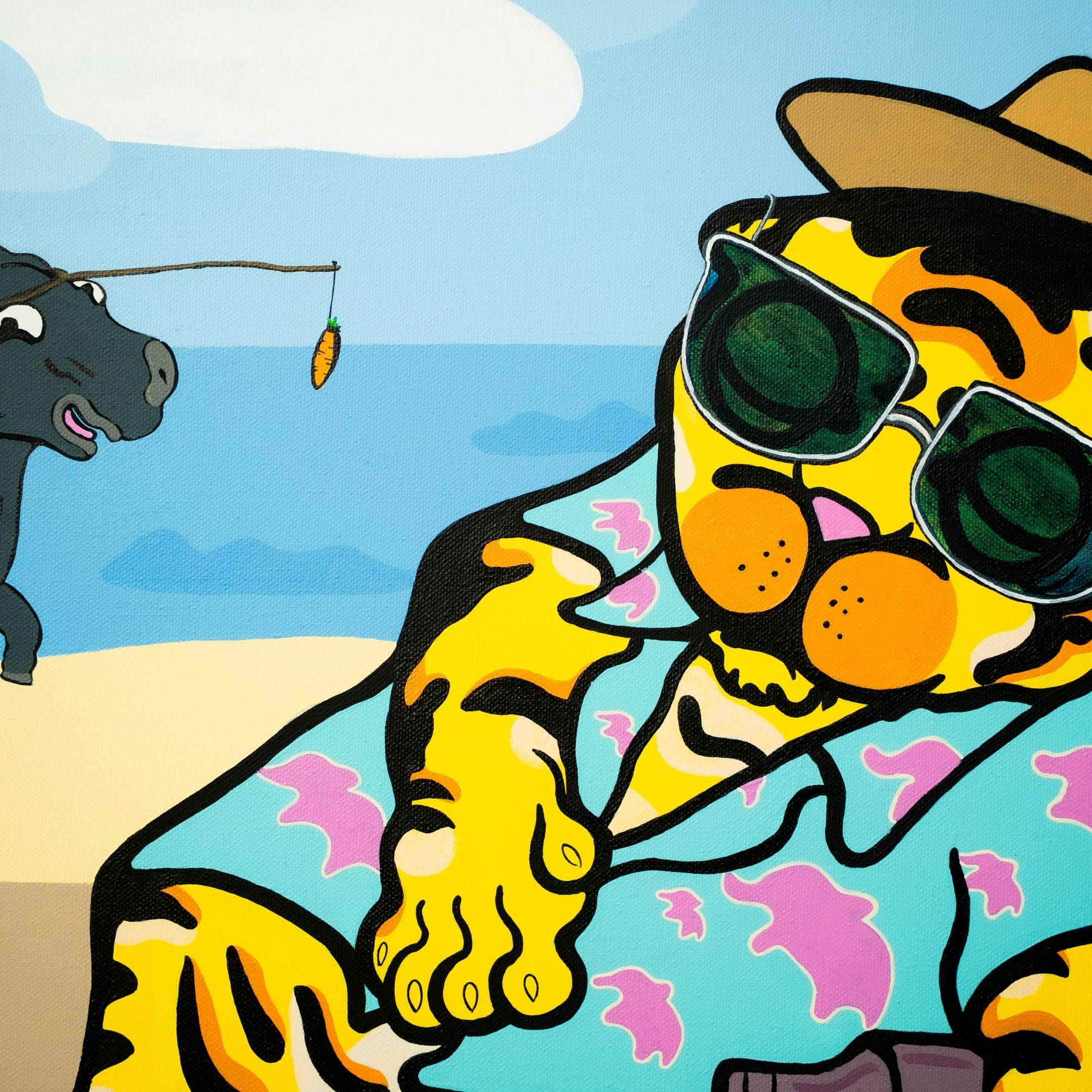 The Beach Friends Pop Art Canvas Painting by Giant Sculptures illustrates a relaxed tiger in pop art style, donning a hat and sunglasses, in a floral shirt on the beach. A donkey nearby holds a carrot stick, completing the vibrant scene against the clear blue sky and ocean backdrop.