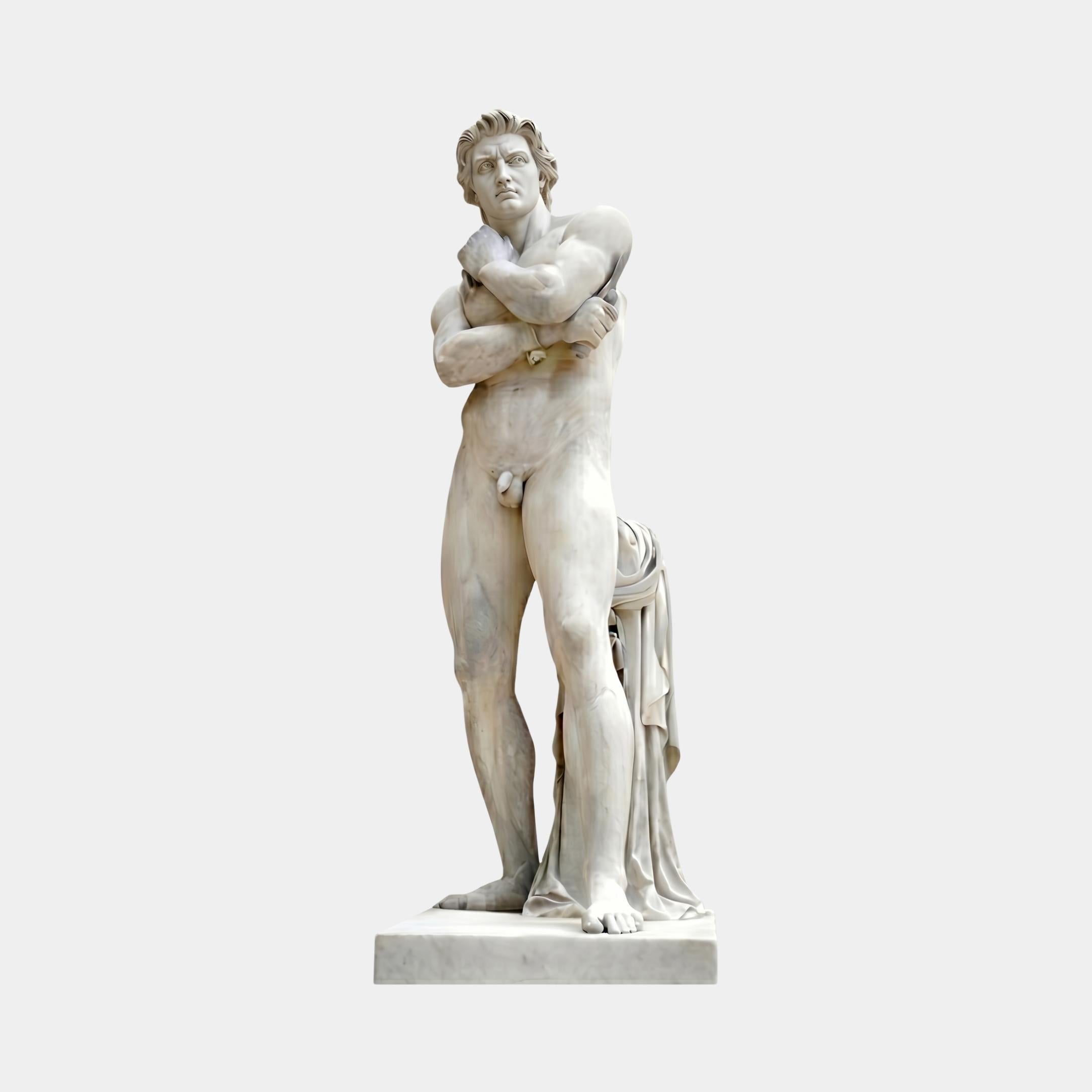 Apollo Marble Sculpture 180cm by Giant Sculptures, a life-size white marble nude male figure with arms crossed and draped fabric beside the leg, on a plain background.