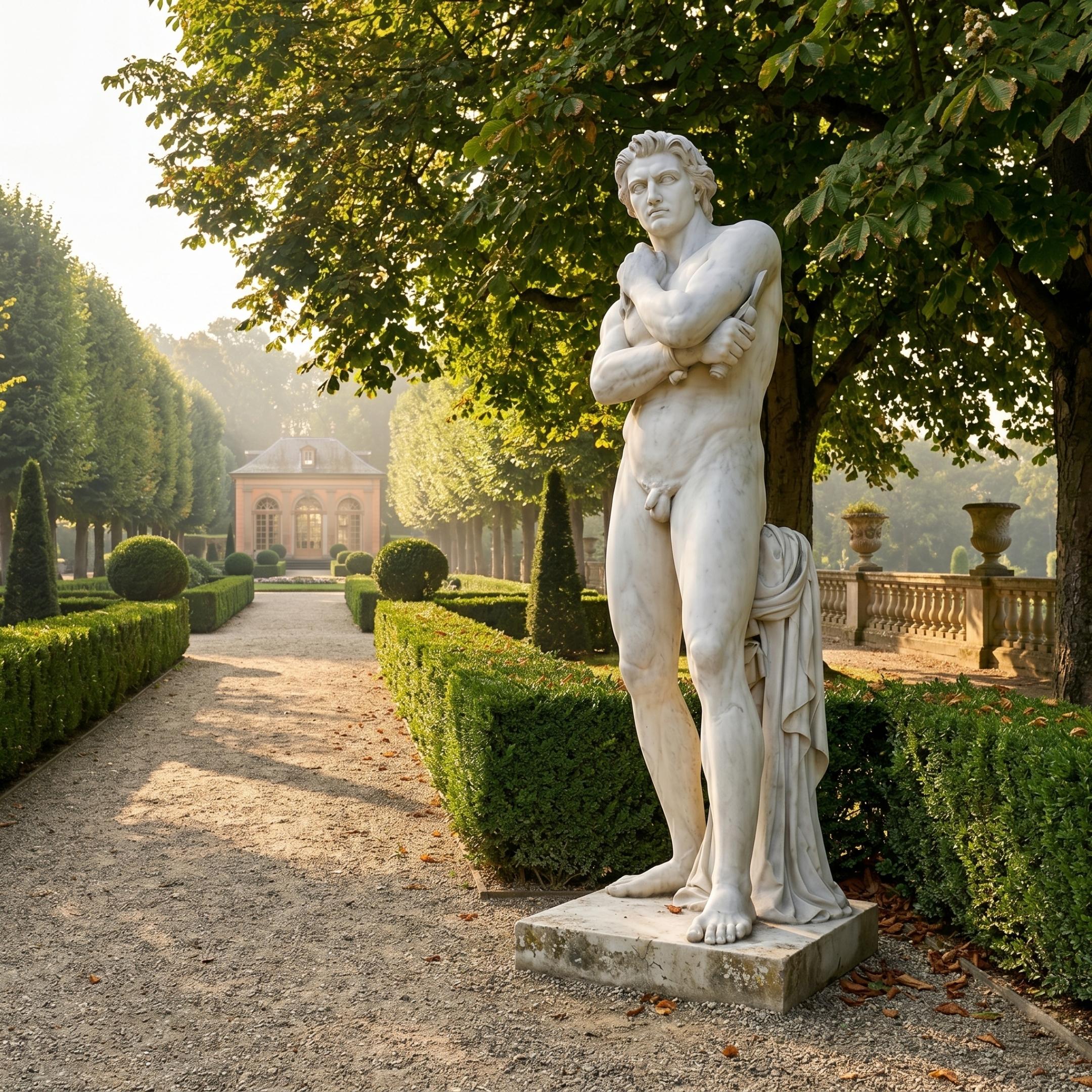 Apollo Marble Sculpture 180cm by Giant Sculptures, life-size white marble nude figure with draped cloth, displayed on a stone plinth in a formal garden.