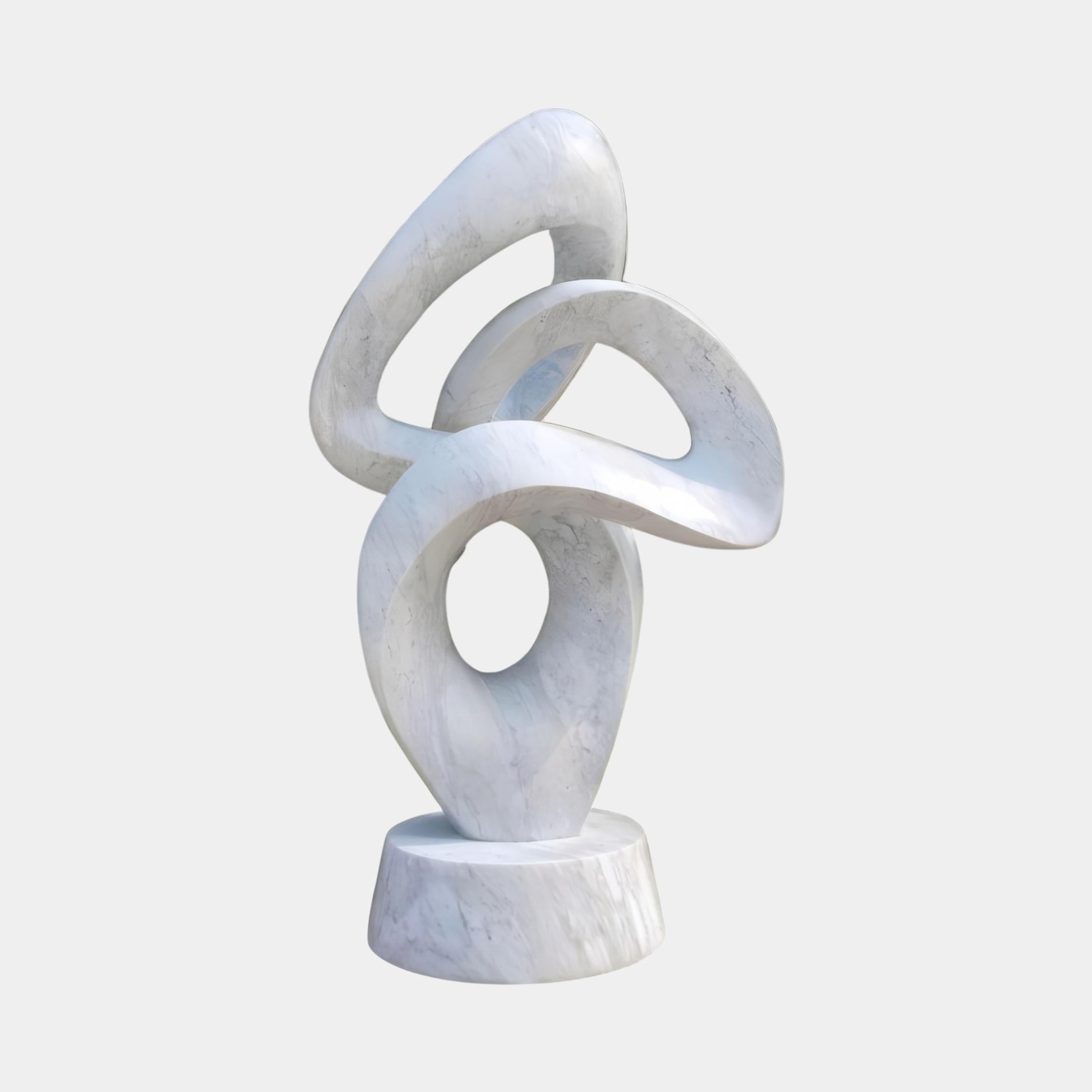 Abstract Knot Marble Sculpture 100cm by Giant Sculptures, featuring interlocking looping forms in white marble on a round base, shown against a plain background.