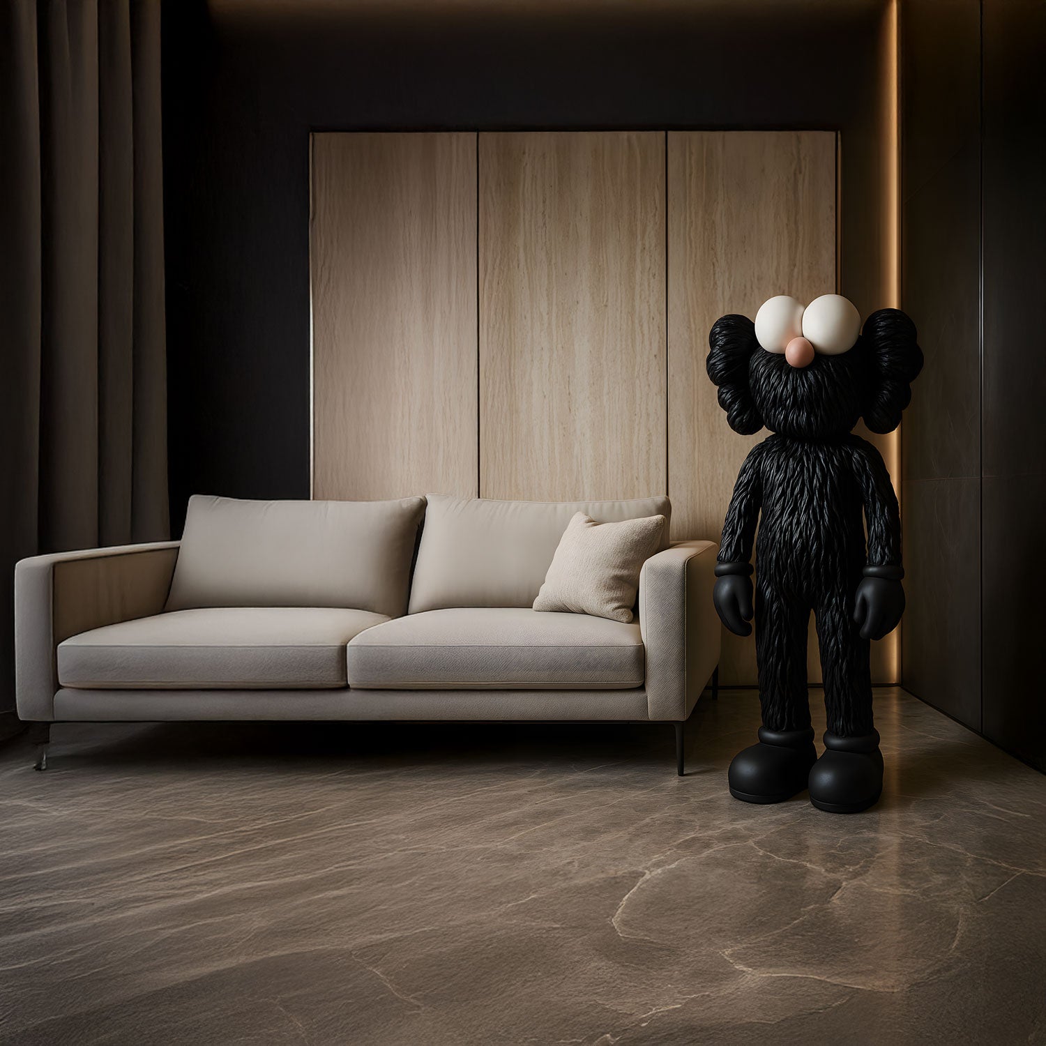 A modern living room with a beige sofa, a single cushion, light wood wall panels, and a large black cartoonish sculpture with big eyes standing beside the sofa.
