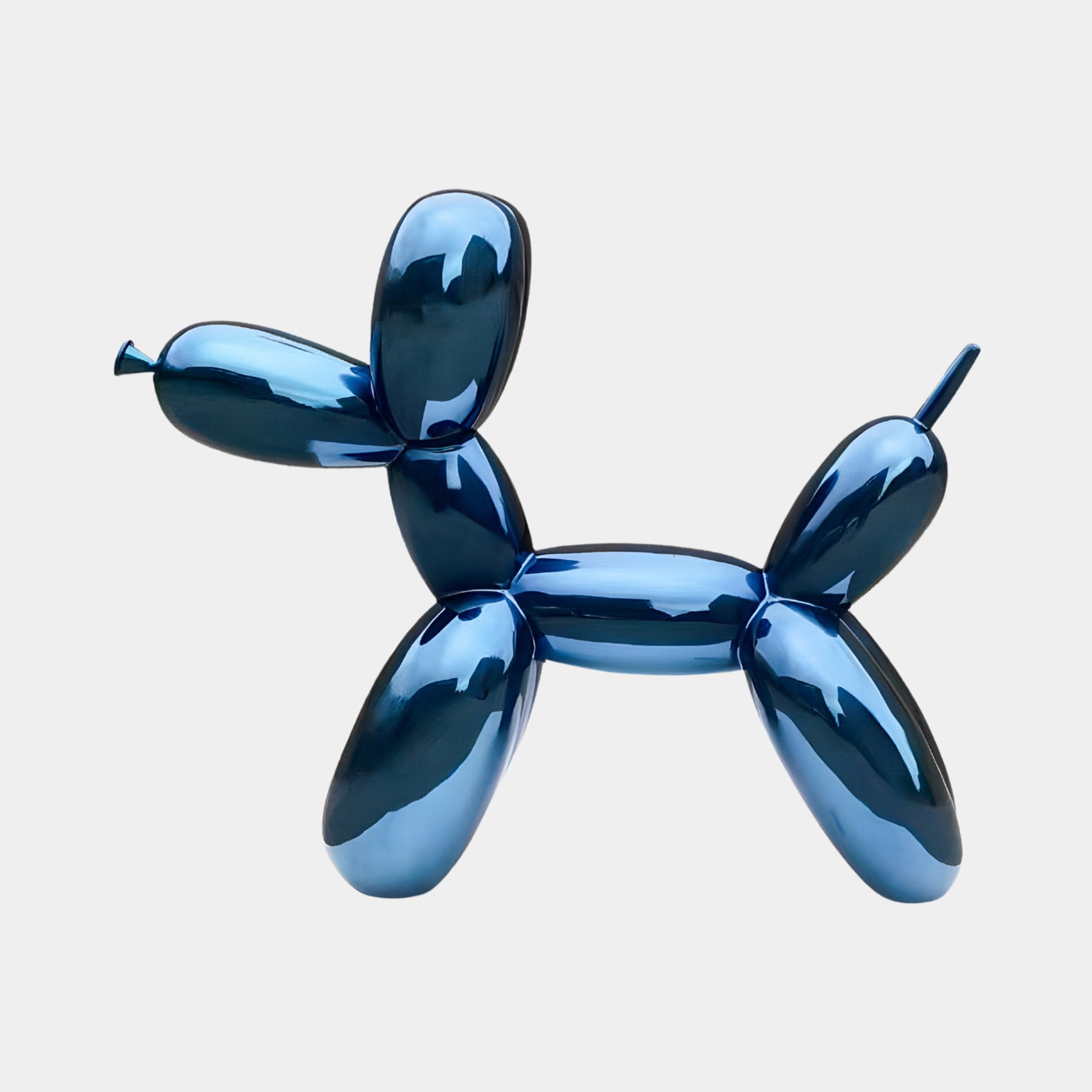 The Sapphire Blue Balloon Dog Sculpture by Giant Sculptures, standing at 200cm, features a metallic, reflective surface. Its simplistic form and rounded shapes create striking contemporary art and statement decor against plain white backdrops.