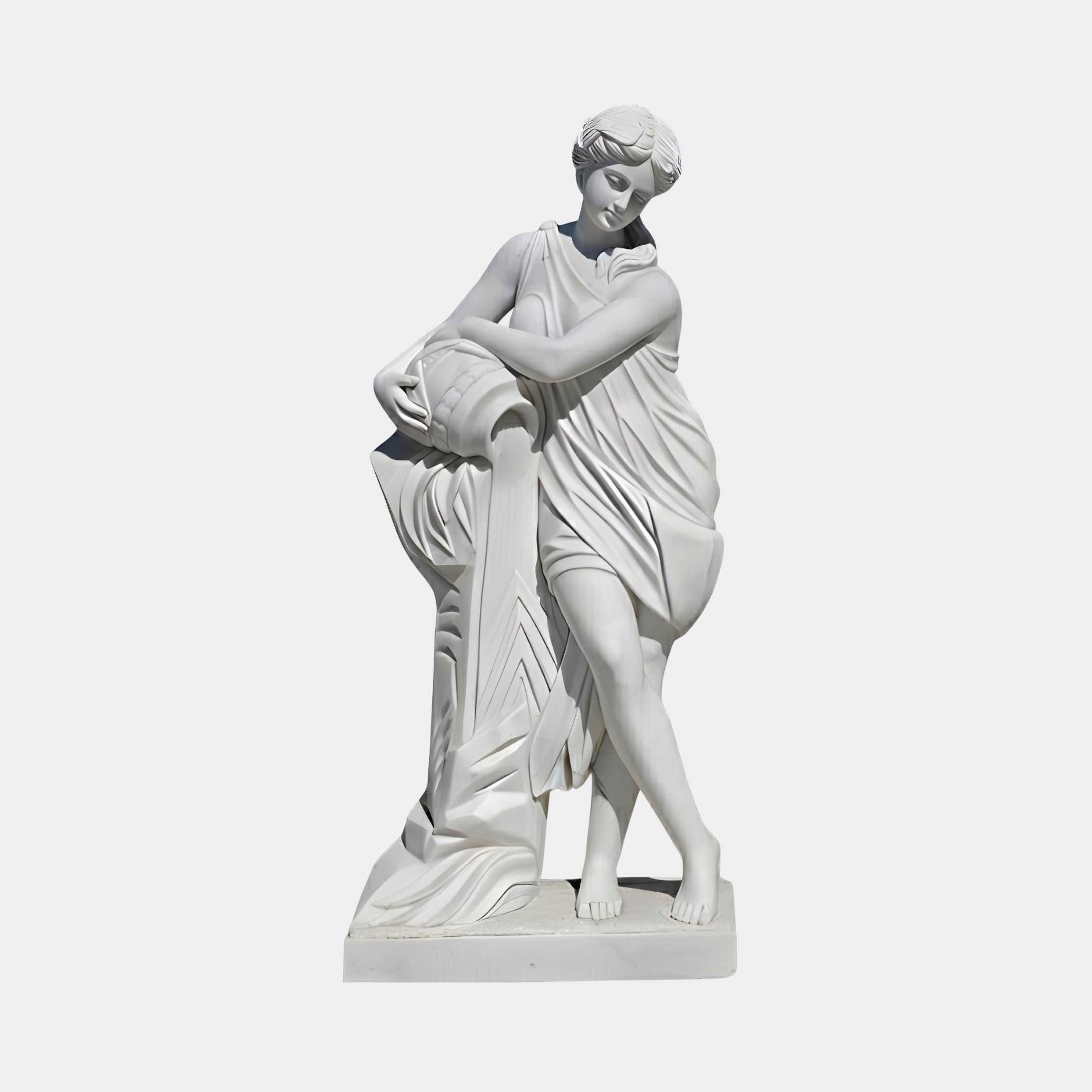 Giant Sculptures' 160cm Dancing Couple Marble Sculpture in white marble, showing a draped female figure leaning gracefully against a partner, on a plain light background.