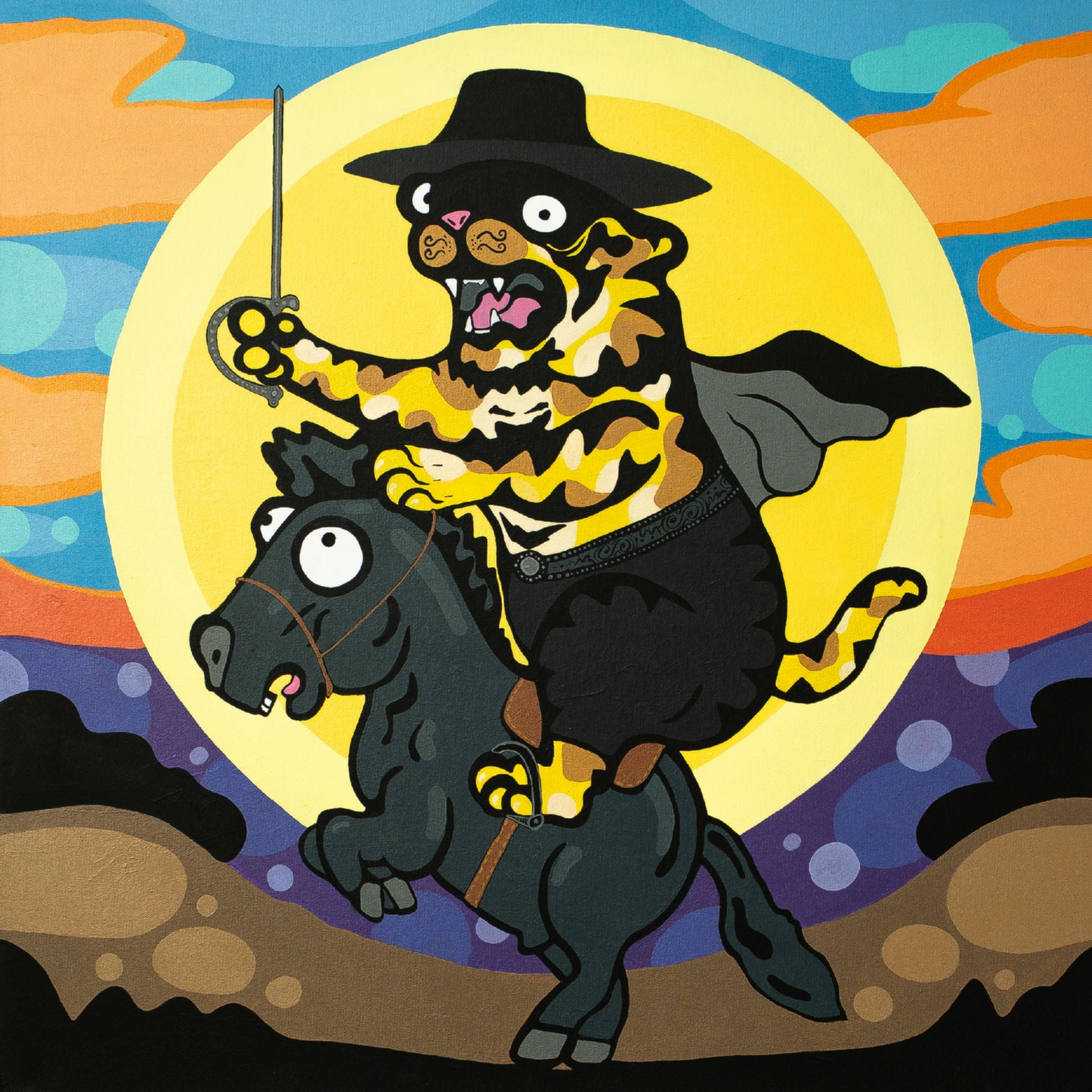 A cartoon tiger, inspired by Giant Sculptures’ Zorro Pop Art Canvas Painting, dons a cape, black hat, and shorts while riding a black horse beneath a yellow moon with vibrant clouds, mountains, and an orange-blue sky in acrylic-on-canvas style.