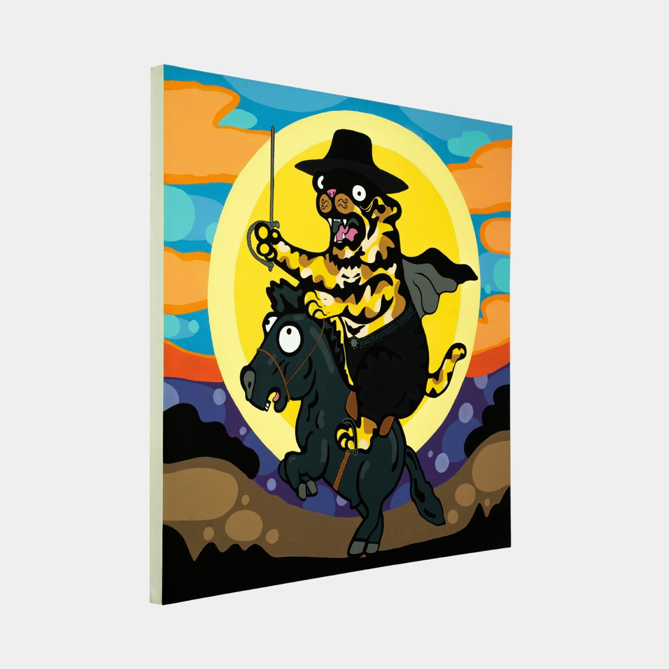 The Zorro Pop Art Canvas Painting by Giant Sculptures features a vibrant acrylic tiger in a black hat and cape on horseback, set against an abstract sunset—an eye-catching piece for pop art lovers.