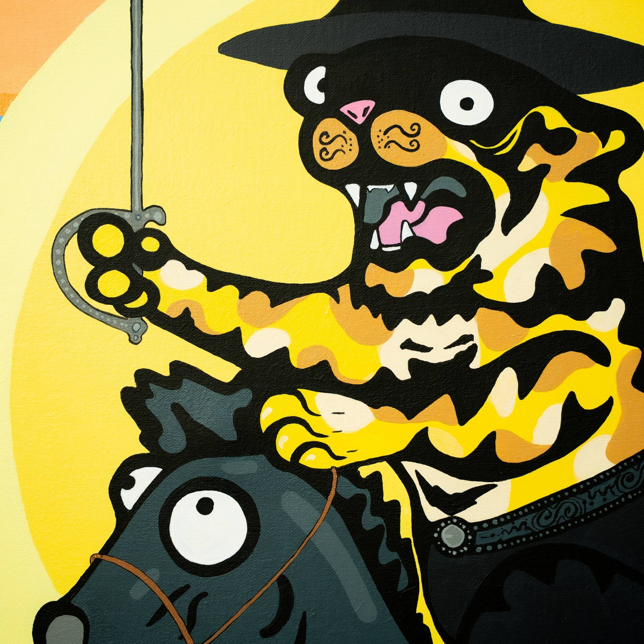 The Zorro Pop Art Canvas Painting by Giant Sculptures features a cartoon cat in a hat with a sword, riding a startled black horse on a bold yellow background—bursting with vibrant colors and expressive faces.