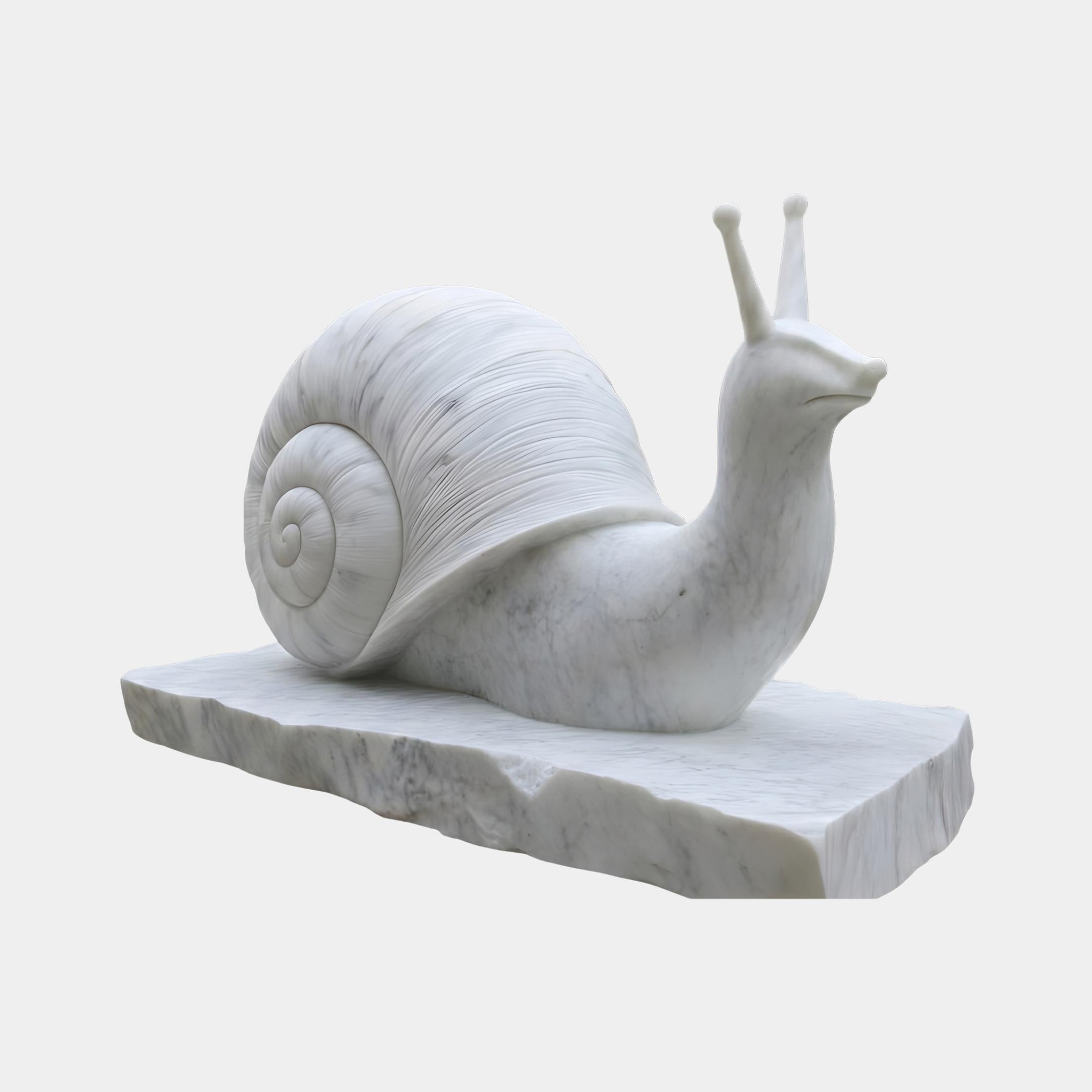 Giant Sculptures Snail Marble Sculpture 60cm in natural white marble, shown in side view on a rough-edged marble base against a plain light background.