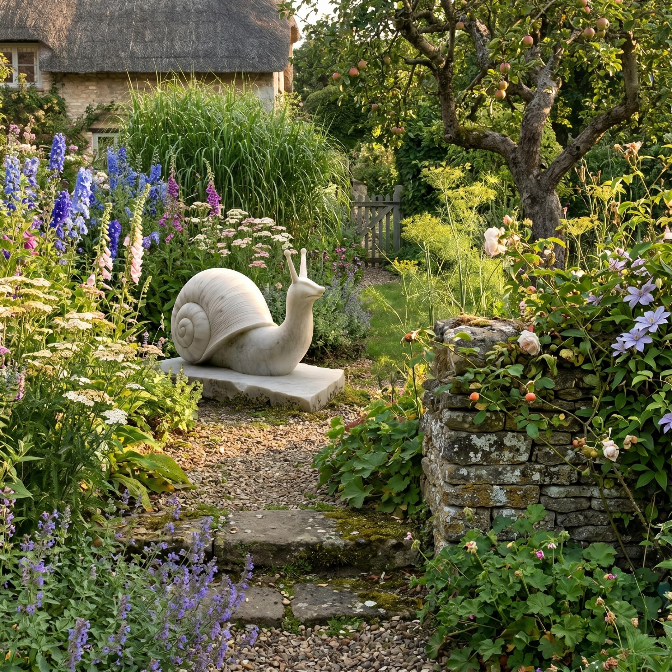 Giant Sculptures 60cm white marble snail sculpture on a marble slab along a gravel path in a cottage garden with delphiniums, foxgloves and an apple tree.