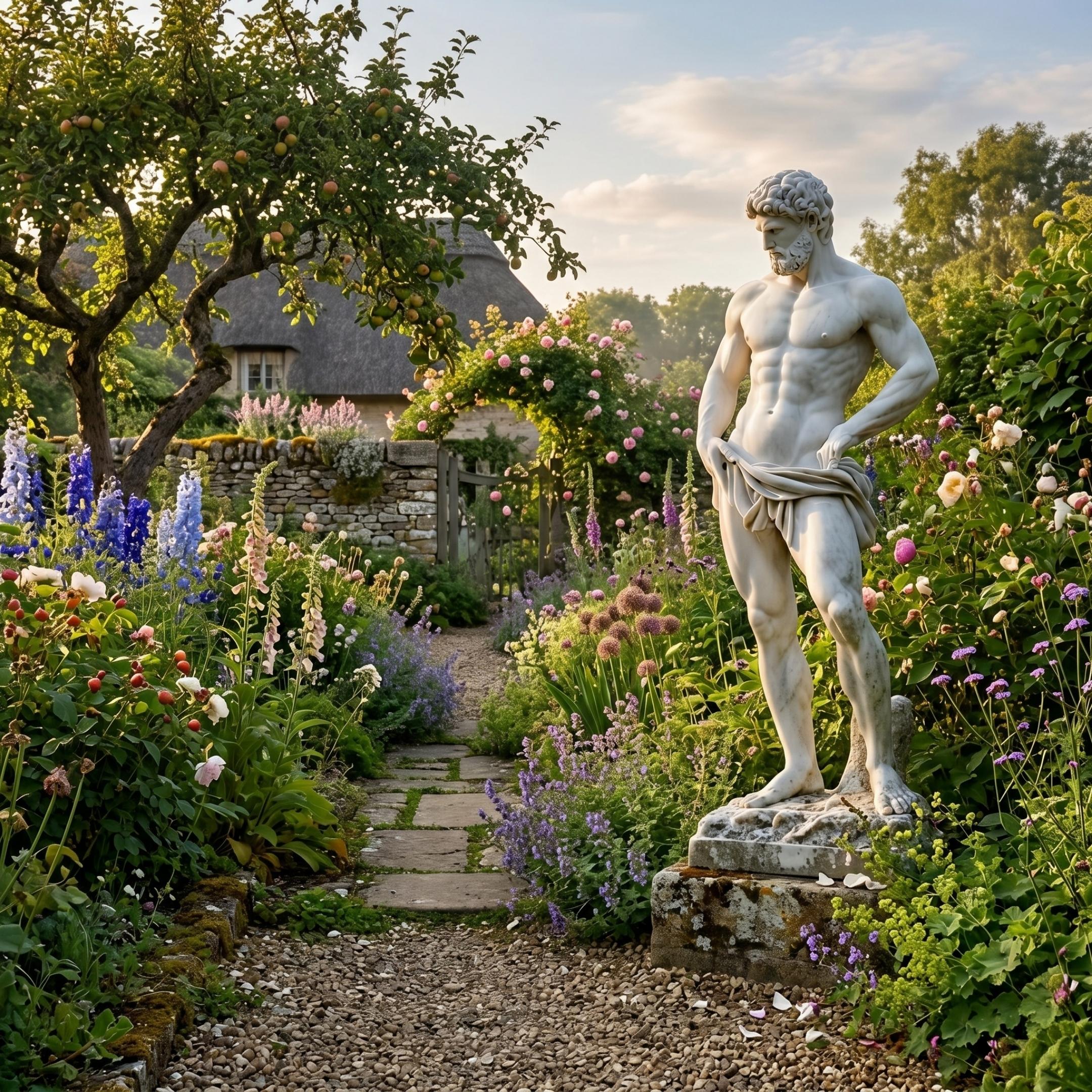 David Marble Sculpture 180cm by Giant Sculptures displayed in a cottage garden with flowering borders, gravel path, apple tree, and thatched cottage beyond.