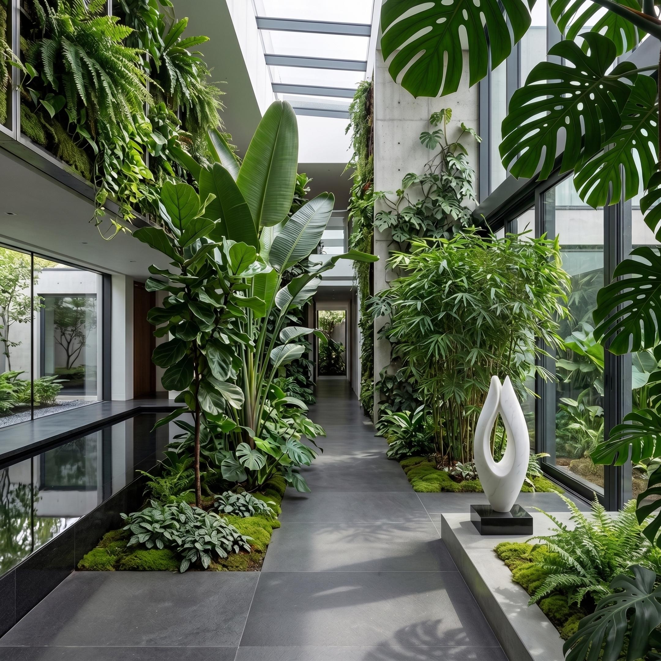 Abstract Flame Marble Sculpture by Giant Sculptures in white, displayed on a black plinth in a plant-filled atrium hallway with floor-to-ceiling windows.