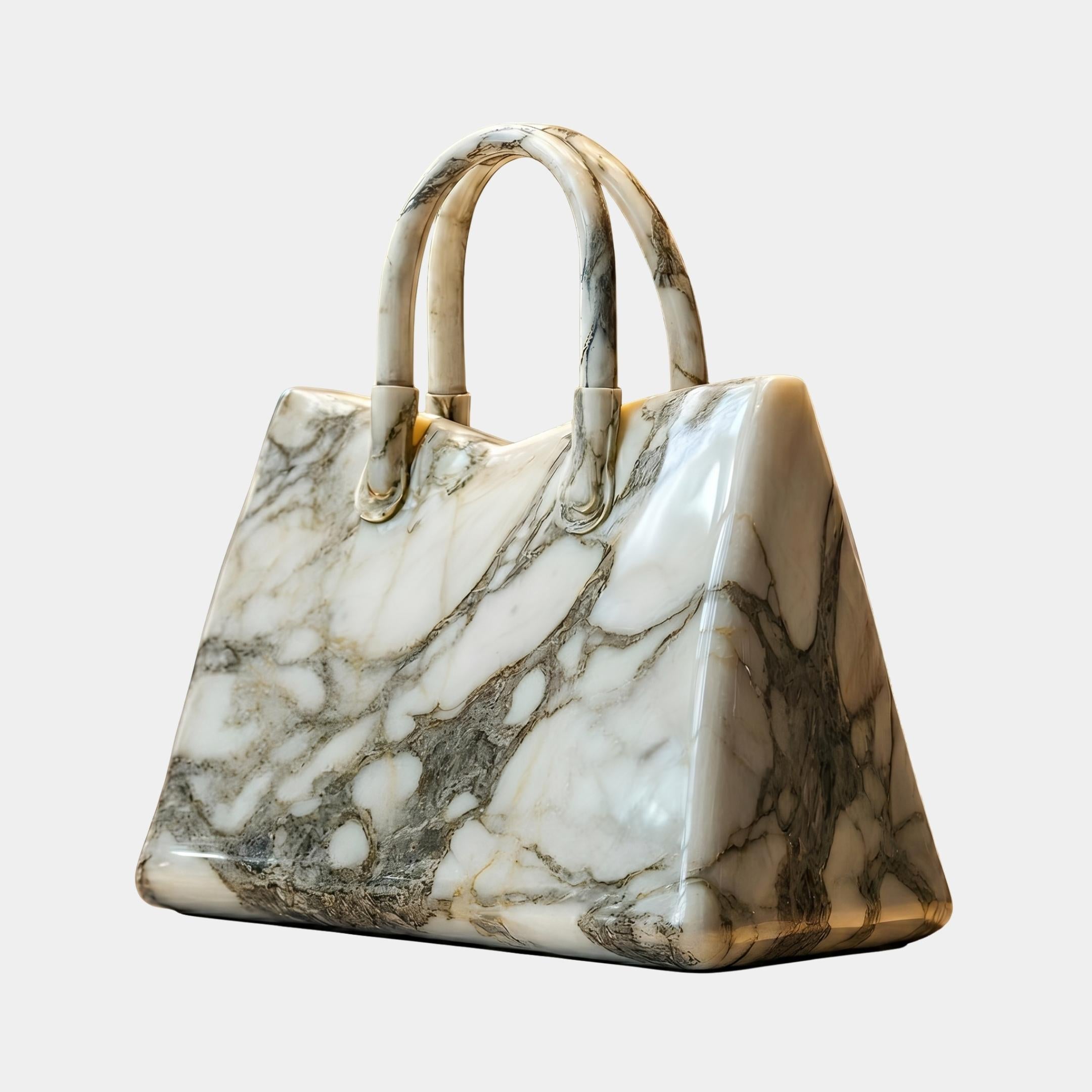 Giant Sculptures 40cm tote bag sculpture carved from Carrara marble with grey veining and twin rolled handles, shown at an angle on a plain background.