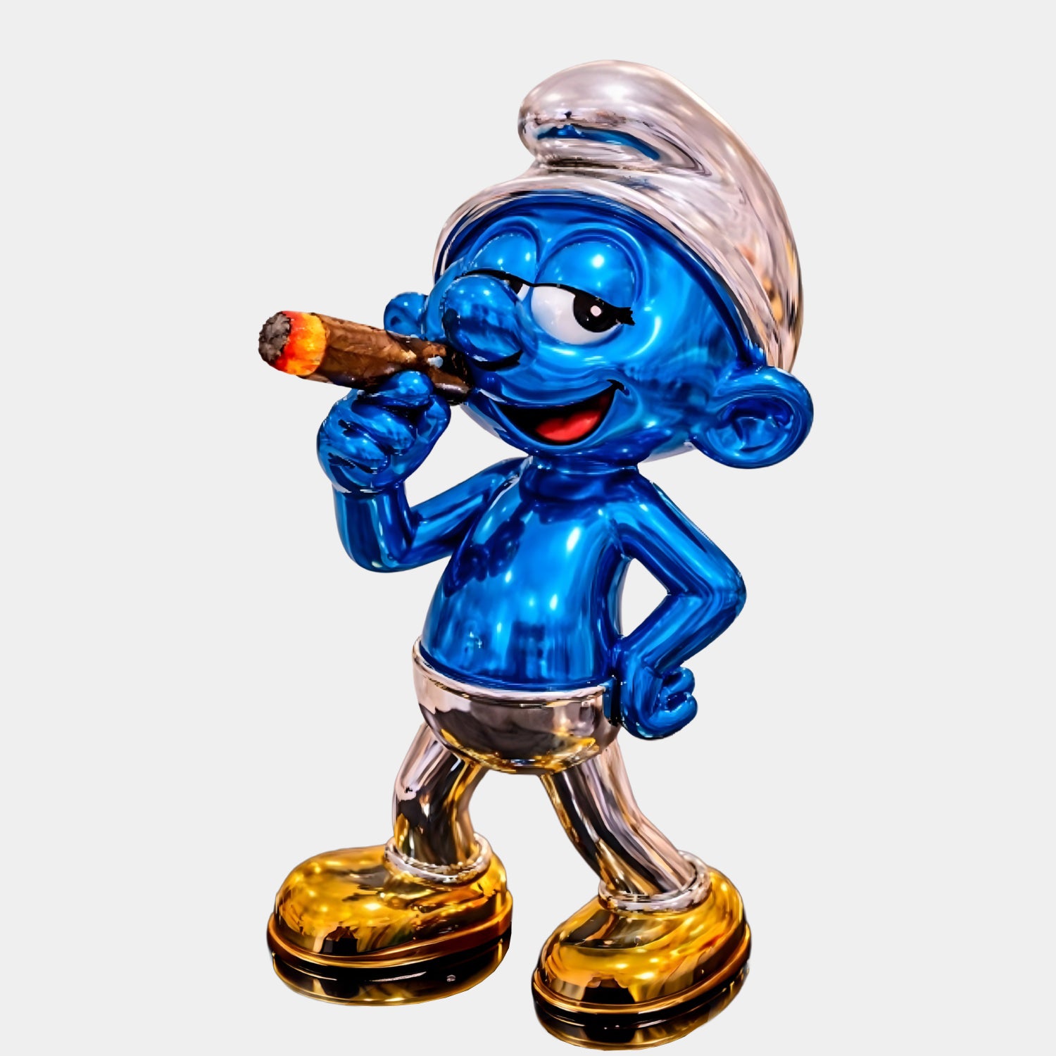 The Smurf Cigar Swagger Sculpture (70cm) by Giant Sculptures features a shiny, metallic blue Smurf with a lit cigar collectible, gold shoes, silver shorts, and a silver hat—a striking luxury chrome art piece for fans and collectors.