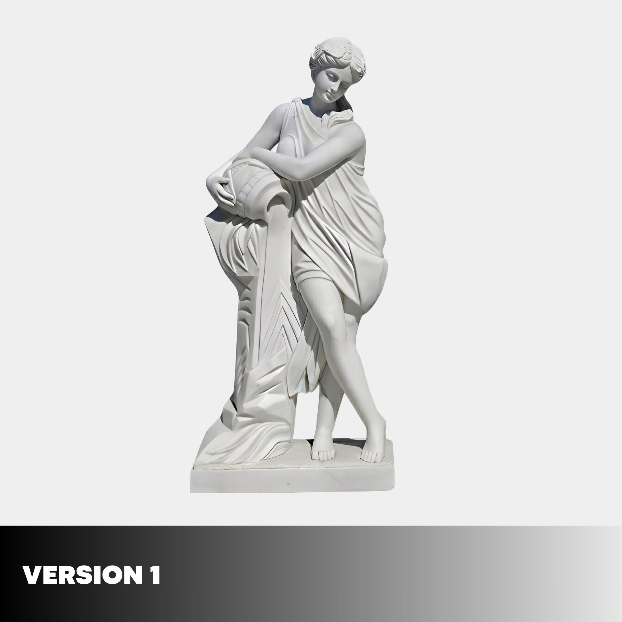 Dancing Couple Marble Sculpture by Giant Sculptures, 160cm white marble figure in flowing drapery leaning on a draped column, shown on a plain background.